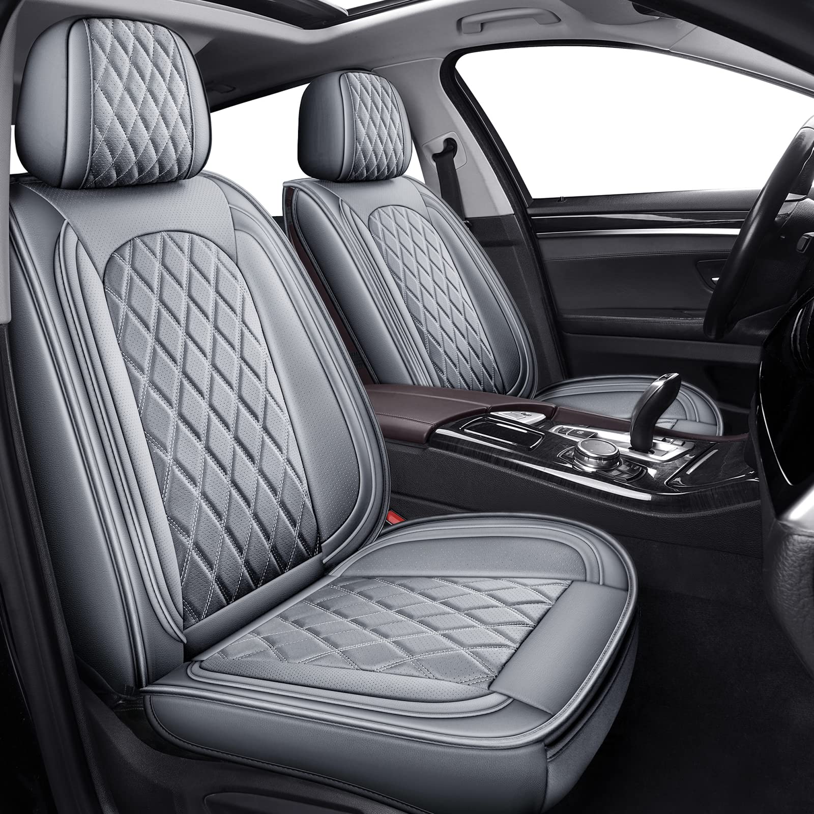 MIROZO 2PCS Waterproof Faux Leather Front Car Seat Covers - Universal Fit for Most Sedans, SUVs & Pickup Trucks (Grey) - Protect & Upgrade Your Vehicle Interior