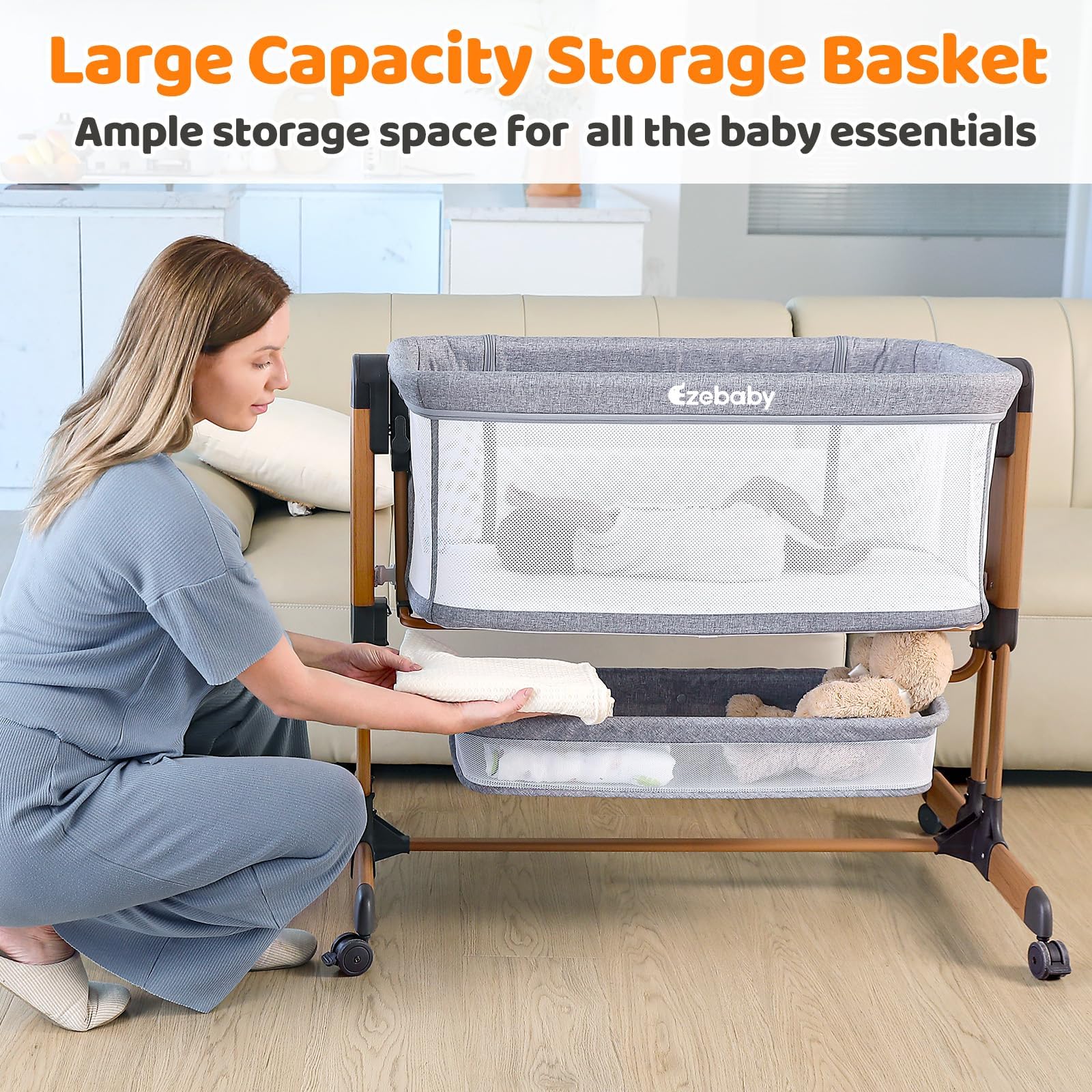 Ezebaby 3-in-1 Adjustable Baby Bassinet with Wheels, Storage Basket & Breathable Mesh Sides - Convertible Rocking Crib & Bedside Sleeper for Newborns & Infants - Perfect for Nursery, Bedroom & Travel Use