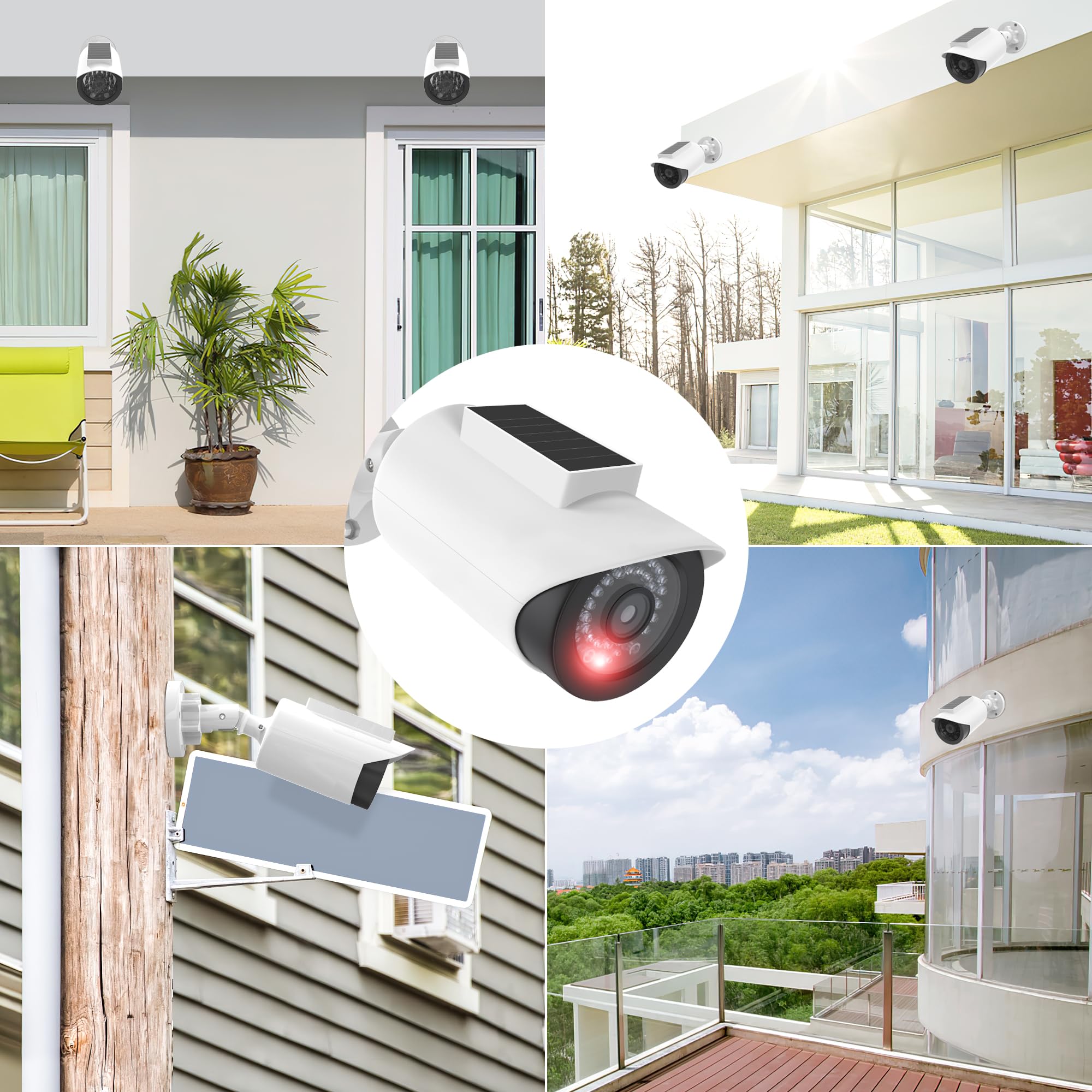 BNT Solar Powered Fake Security Camera - Bullet Style Dummy Surveillance Camera with Red LED Light for Night, Includes Warning Stickers - Outdoor Home Security Deterrent (4-Pack, White, Battery Not Included) - Perfect for Garage, Yard & Apartment Safety
