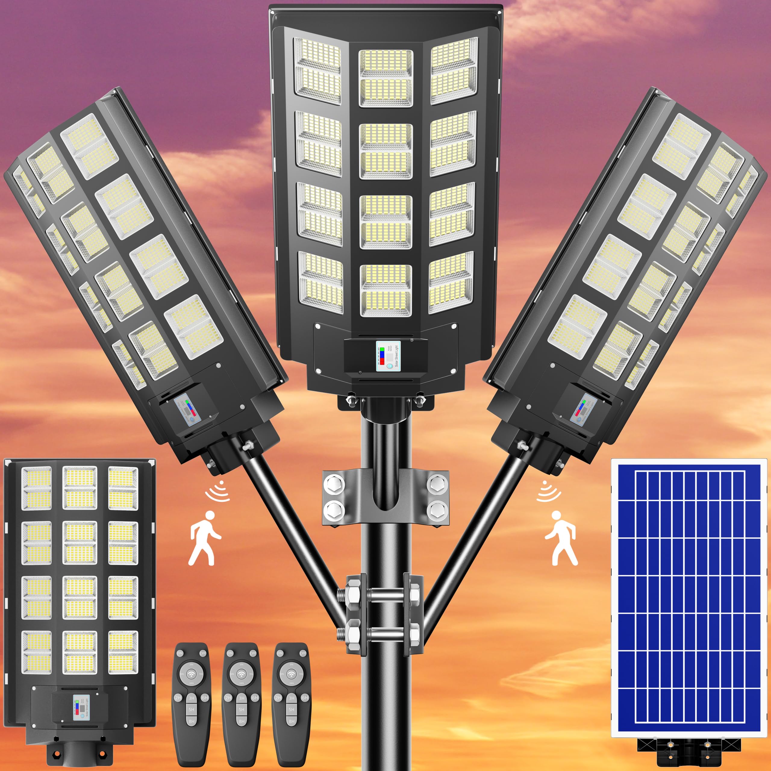 3-Pack 8000W Solar Street Lights - 360,000LM Dusk to Dawn Outdoor Lighting, IP67 Waterproof Solar Parking Lot Lights with Motion Sensor & Wide Angle - Perfect for Yards, Roads, Driveways, and Pathways