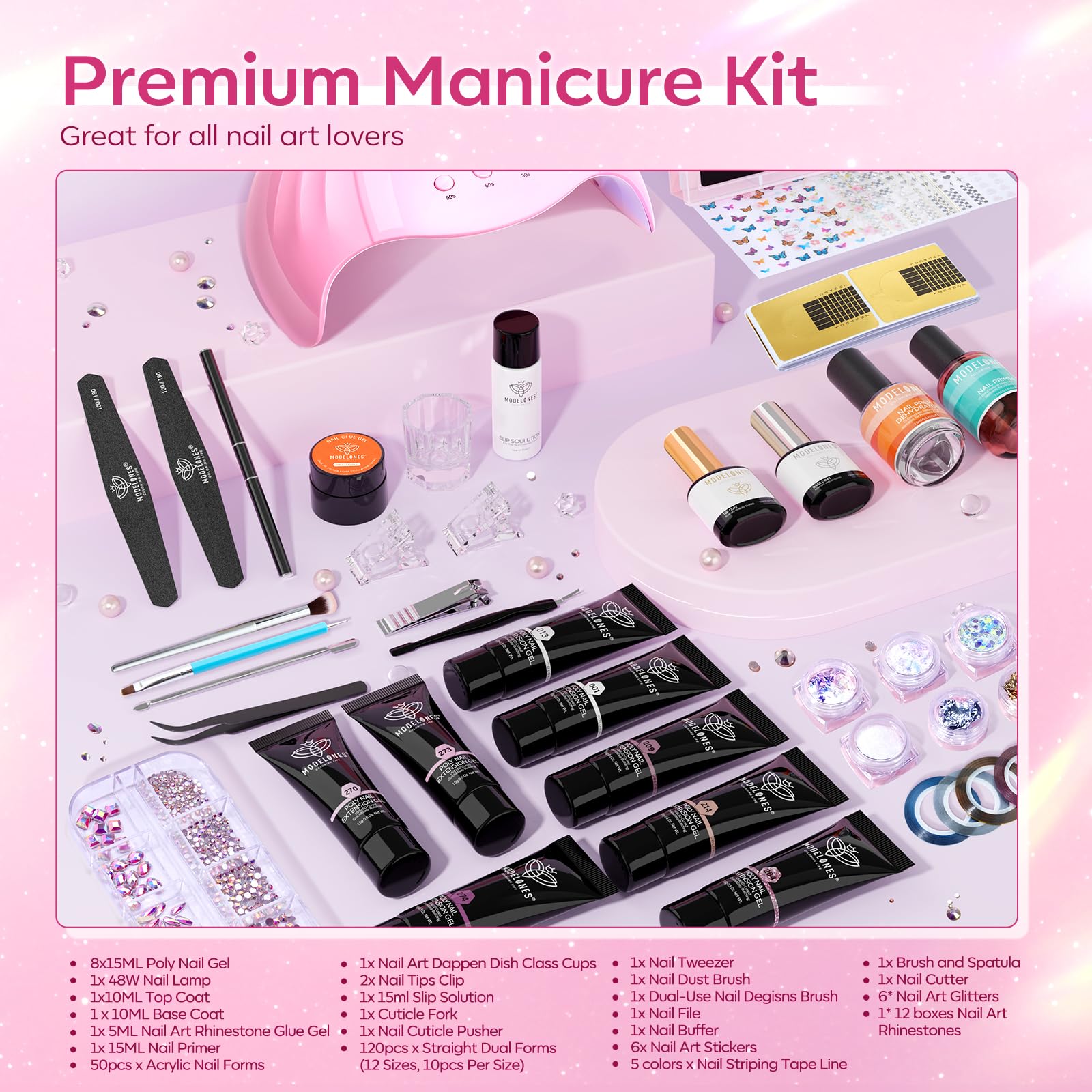 Modelones Poly Nail Gel Kit - 8 Rosy Pink Colors with 48W UV/LED Lamp, Professional Nail Extension Gel Set for Salon & Home Use, Complete DIY Manicure Kit with Rhinestones & Glitters, Perfect Beauty Gift for Nail Art Lovers