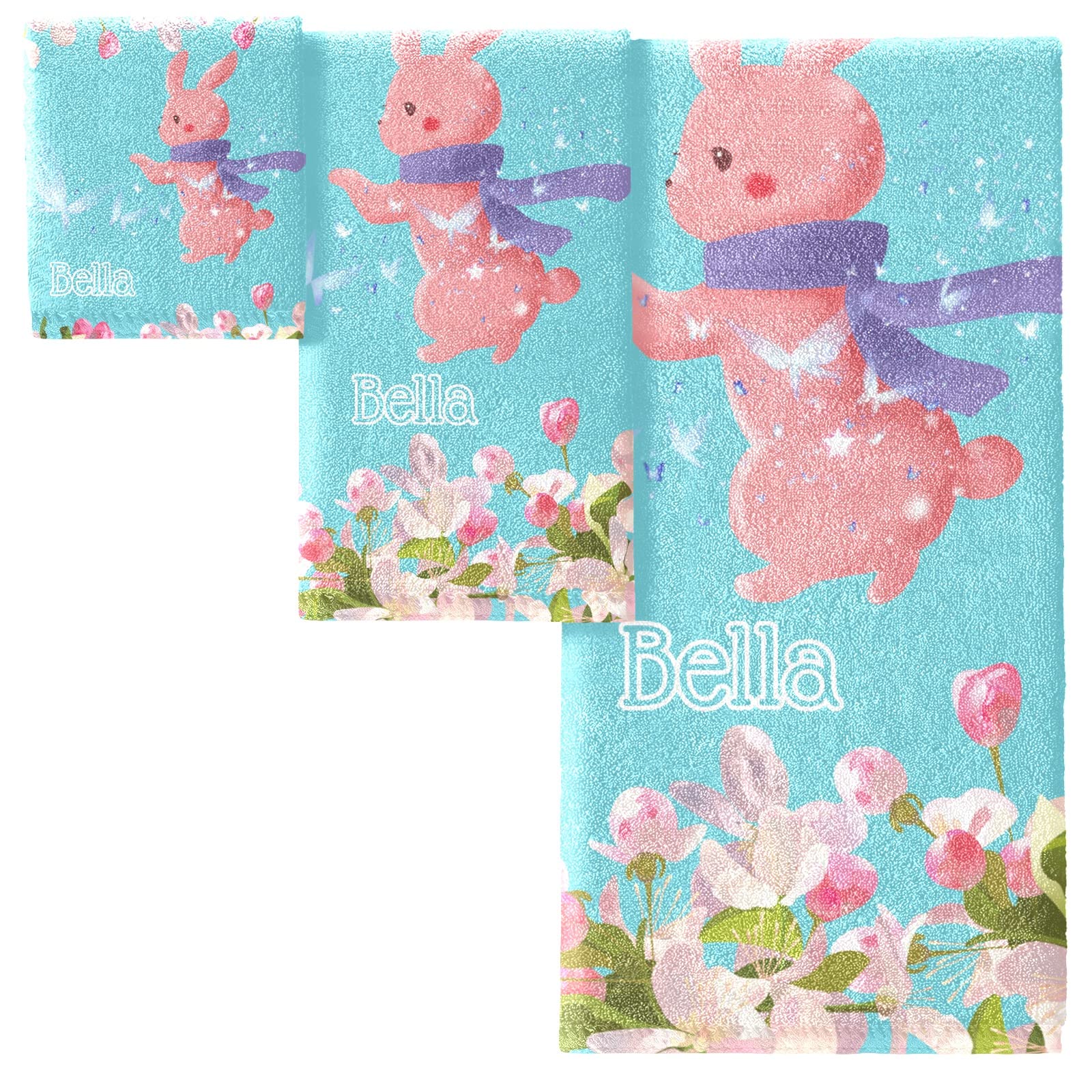 Premium 3-Piece Floral Rabbit Sky Blue Bath Towel Set - Ultra Soft, Quick Drying & Highly Absorbent (1 Beach Towel, 1 Hand Towel, 1 Washcloth) for Bathroom, Spa, Beach & Pool Use