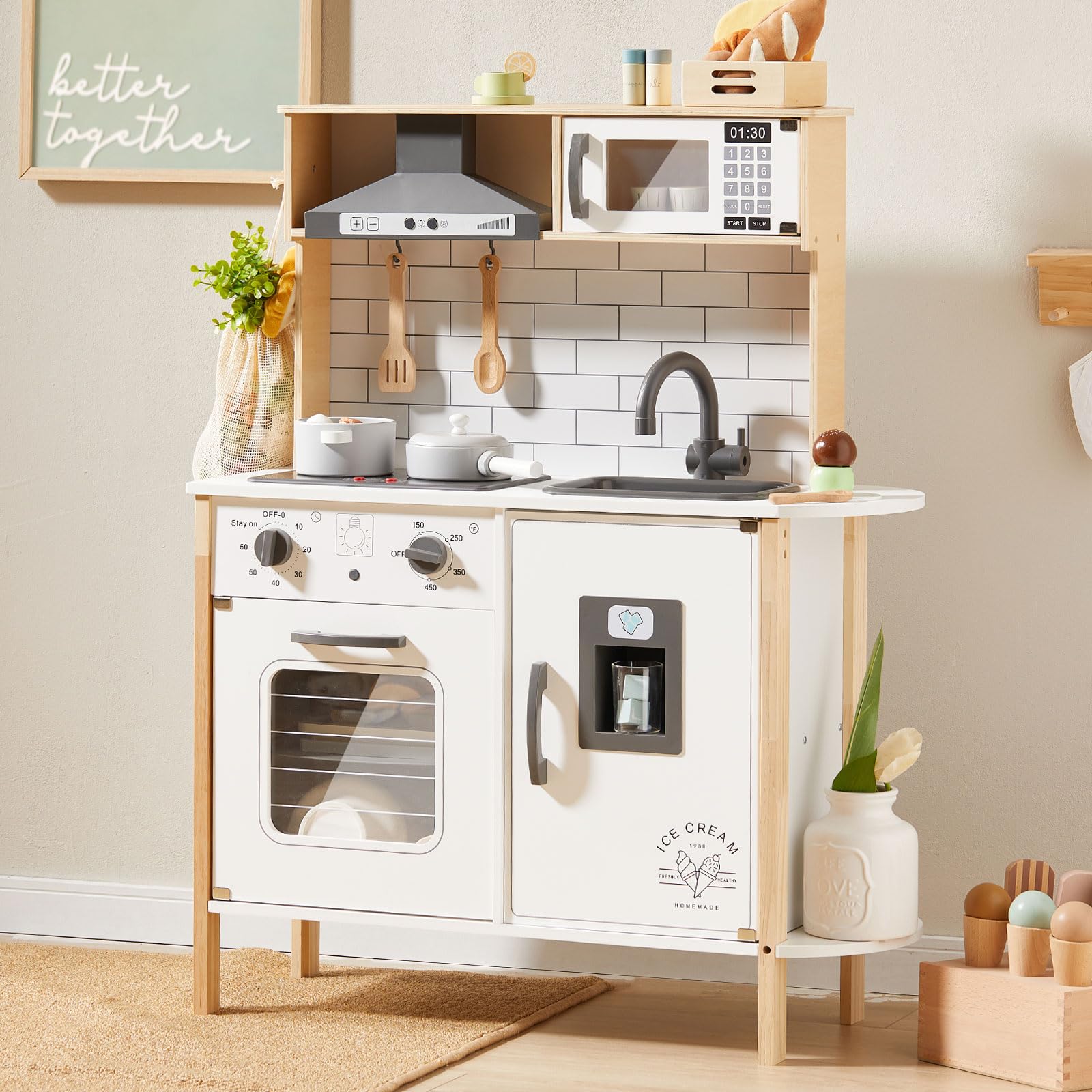 Tiny Land Wooden Play Kitchen Set for Kids - Realistic Pretend Chef Toy with Lights & Sounds, Includes 18-Piece Toy Food & Cookware Accessories - Perfect for Toddlers Role Play & Early Learning Fun