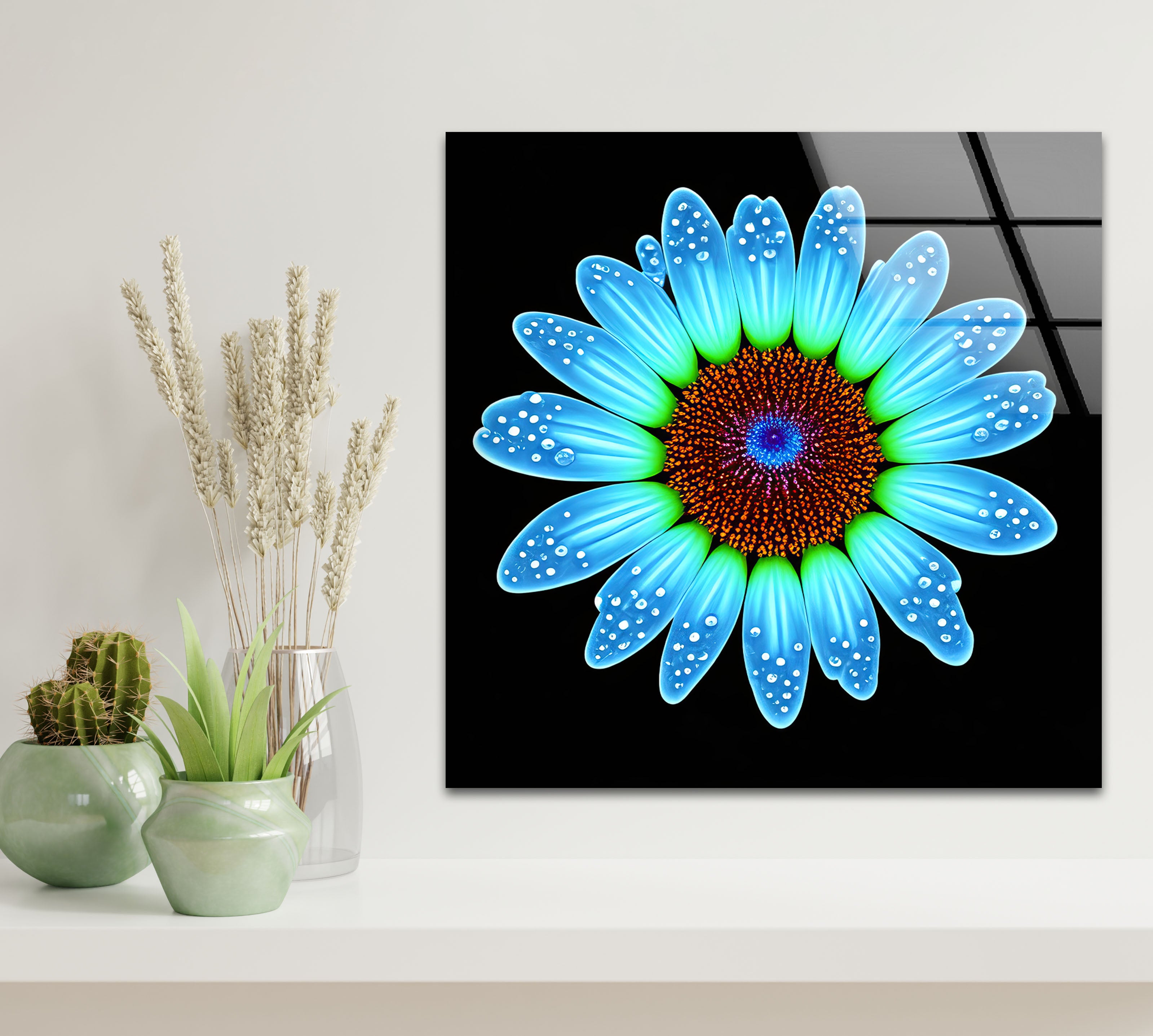 Blue Daisy Flower Wall Art - Luminous Glass Print on Black Background with Water Droplet Detail | Modern Home Decor for Living Room, Bedroom & Office | Elegant Botanical Wall Decor for Contemporary Interiors