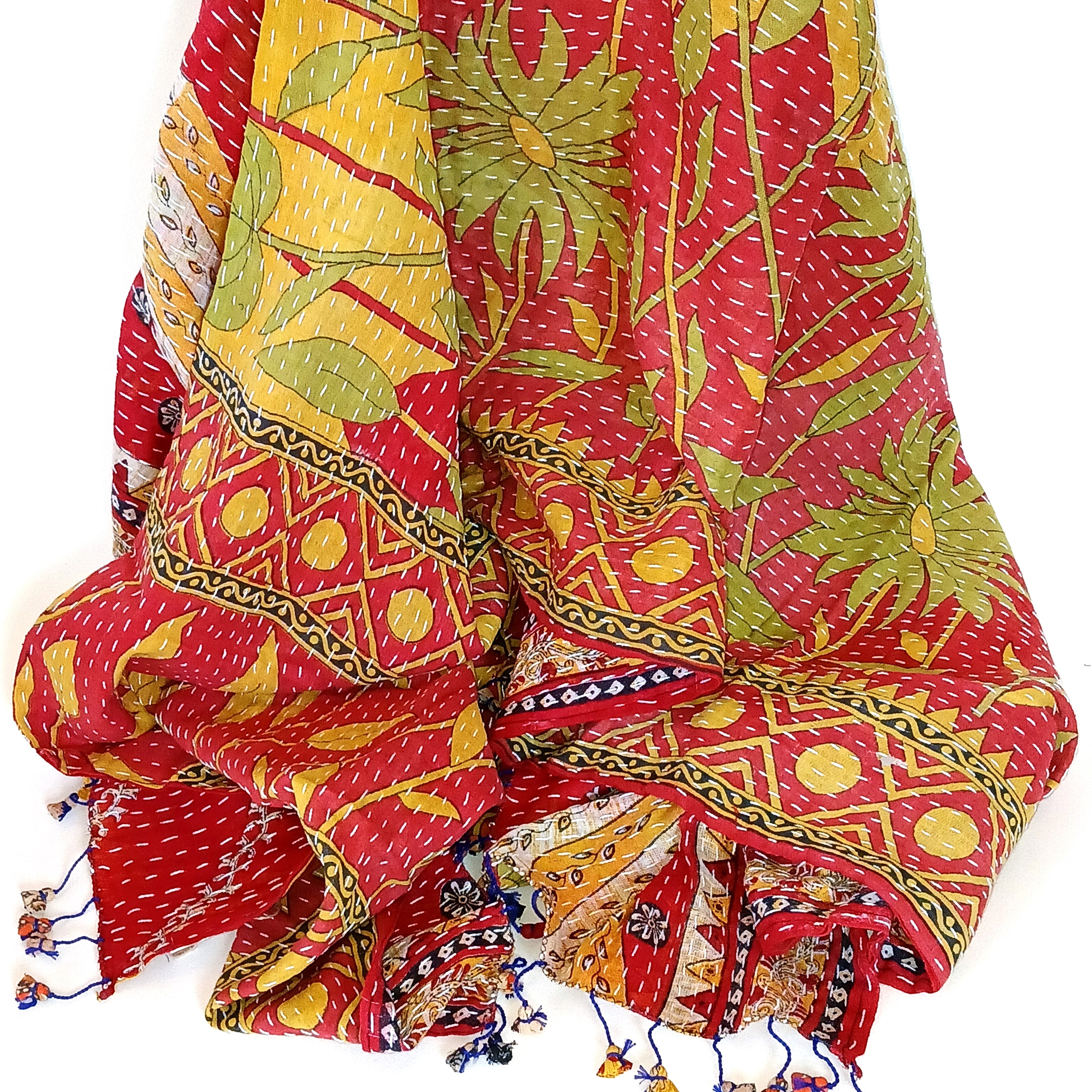 Handmade Cotton Kantha Scarf - Red & Yellow Ethnic Print - Lightweight Womens Fashion Shawl - Perfect for Boho Outfits, Yoga, and Travel Accessories