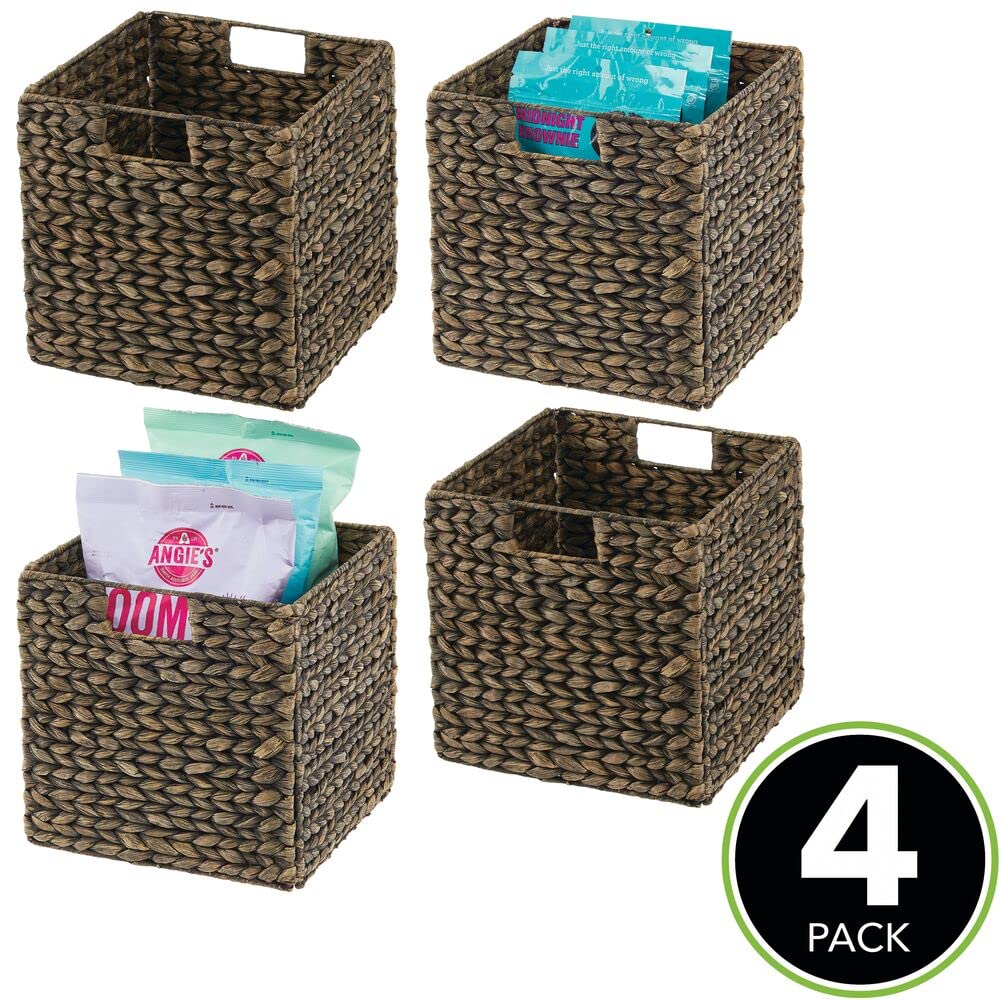 mDesign Natural Woven Hyacinth Cube Storage Basket with Handles - 4 Pack Black Wash Organizer for Kitchen, Pantry & Cubby Units | Perfect for Snacks, Small Appliances & Home Organization | Space-Saving Cabinet & Shelf Storage Solution