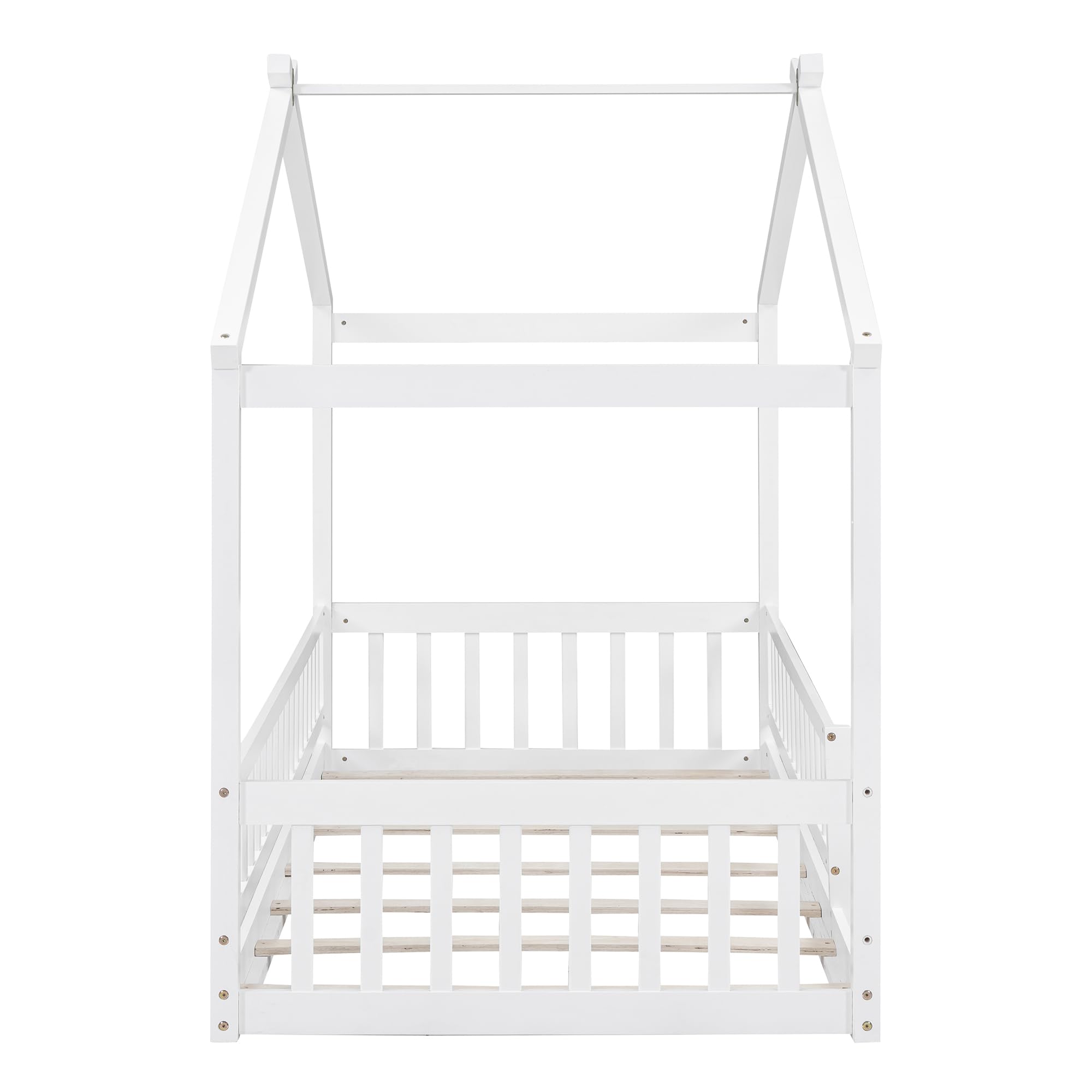 Montessori Twin Size Floor Bed for Kids with Safety Fence - Solid Wood Bed Frame for Boys & Girls - No Box Spring Needed - White - Perfect for Toddler Rooms & Daycare Centers