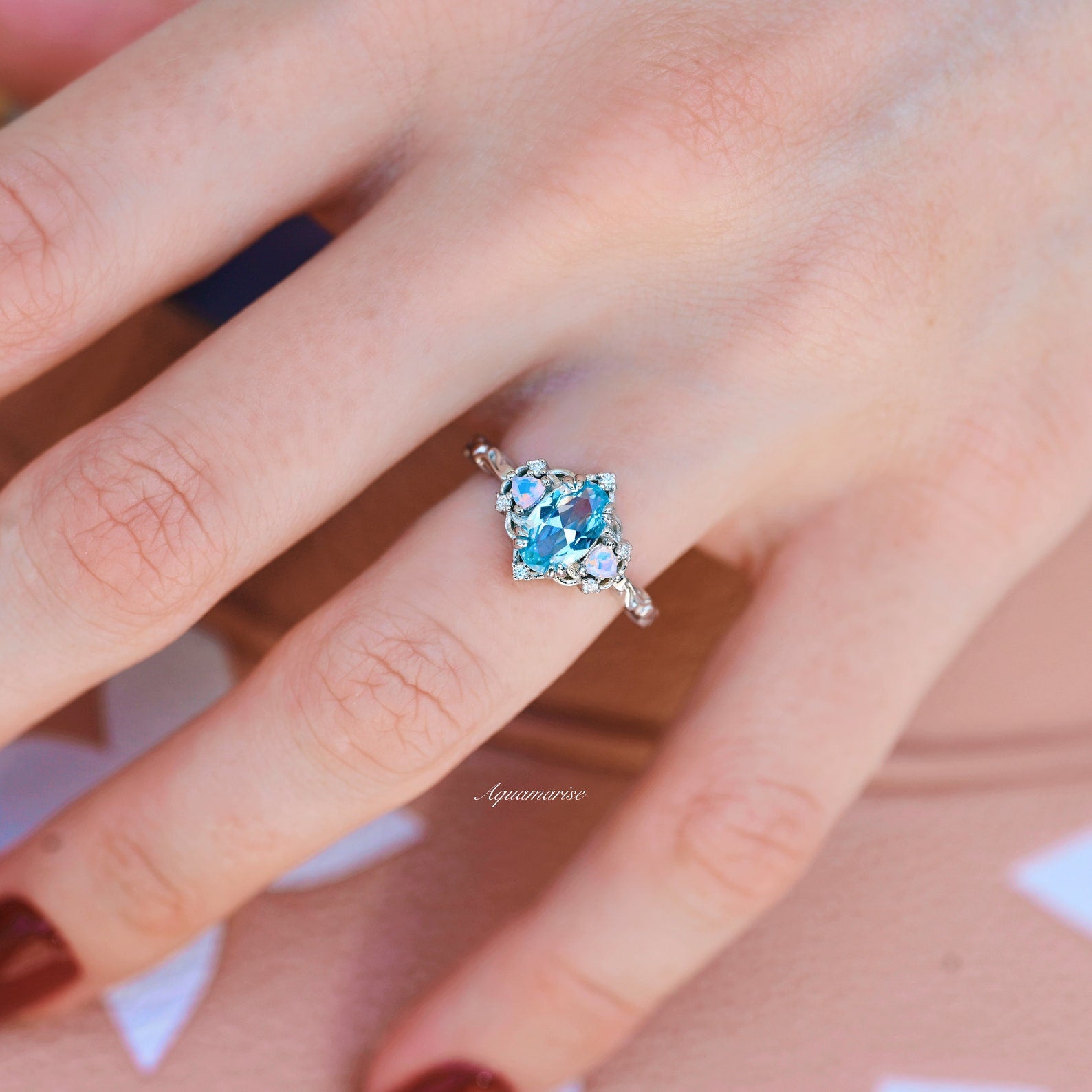 14K White Gold Esme Aquamarine & Opalescent Sapphire Ring – Elegant Jewelry for Women, Perfect for Weddings, Anniversaries & Special Occasions