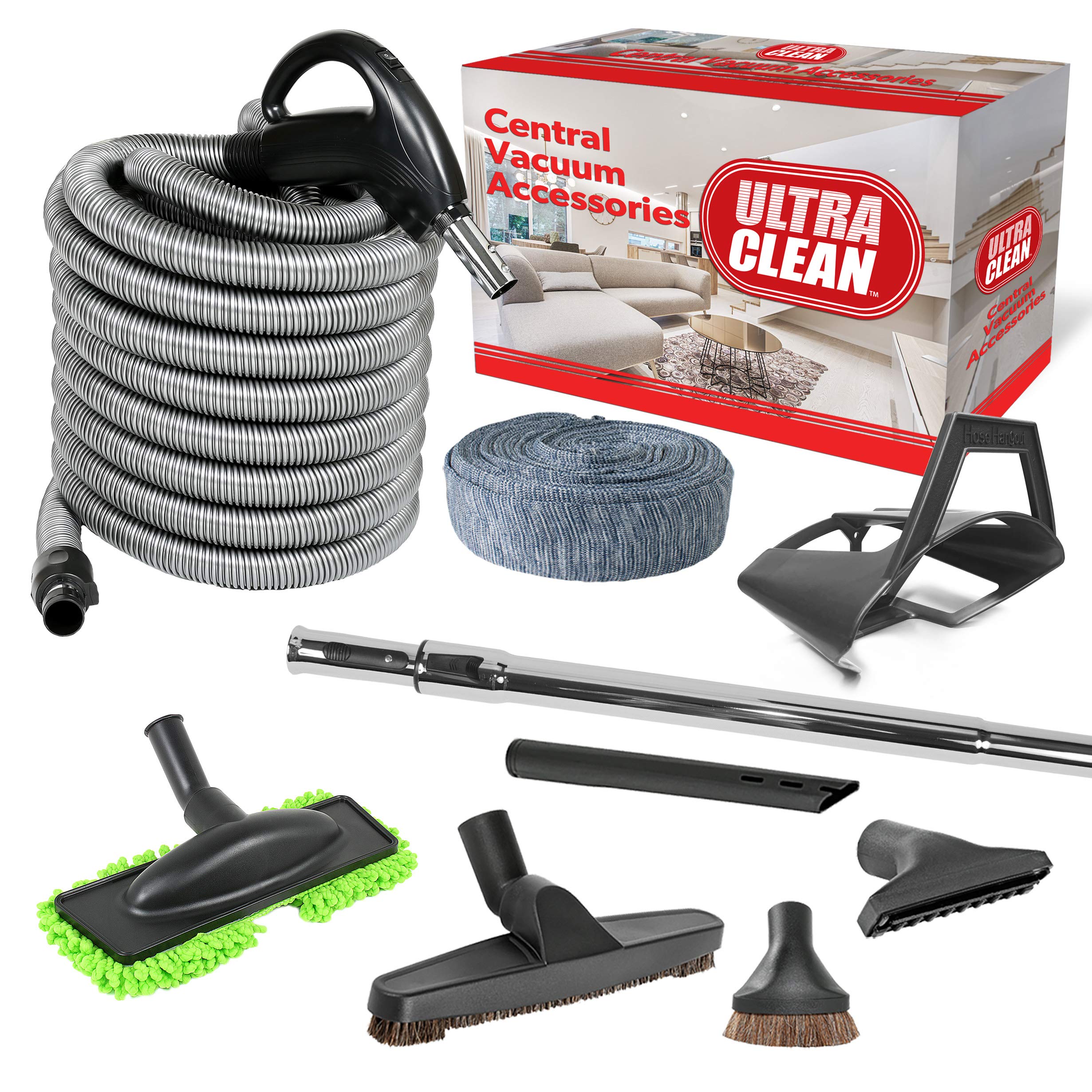 Ultra Clean Central Vacuum Hardwood Floor Accessory Kit - 24V Low Voltage Hose with On/Off Switch & Swivel Handle - Deluxe Tool Set with Hose Cover, Dust Mop & Storage Caddy (35ft, Black) - Perfect for Hardwood Floors, Carpets & Home Cleaning