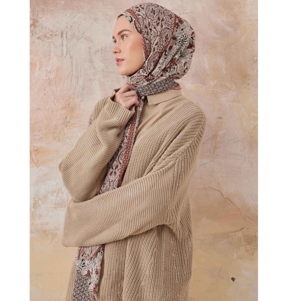 Abstract Floral Crinkle Cotton Hijab Shawl - Soft Muslim Headscarf Wrap for Women - Cinnamon Brown - Perfect for Prayer, Modest Fashion & Everyday Wear