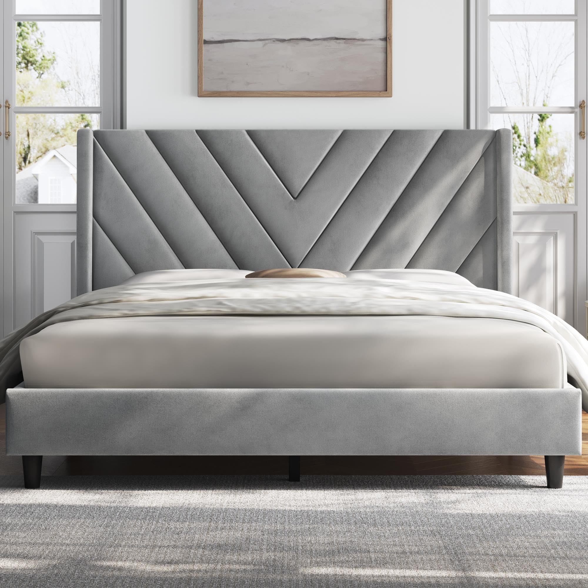 Yaheetech Upholstered Queen Size Platform Bed Frame with Wing Side Design, Wooden Slat Support & Tufted Headboard - No Box Spring Needed, Light Gray - Perfect for Modern Bedrooms, Guest Rooms & Small Spaces
