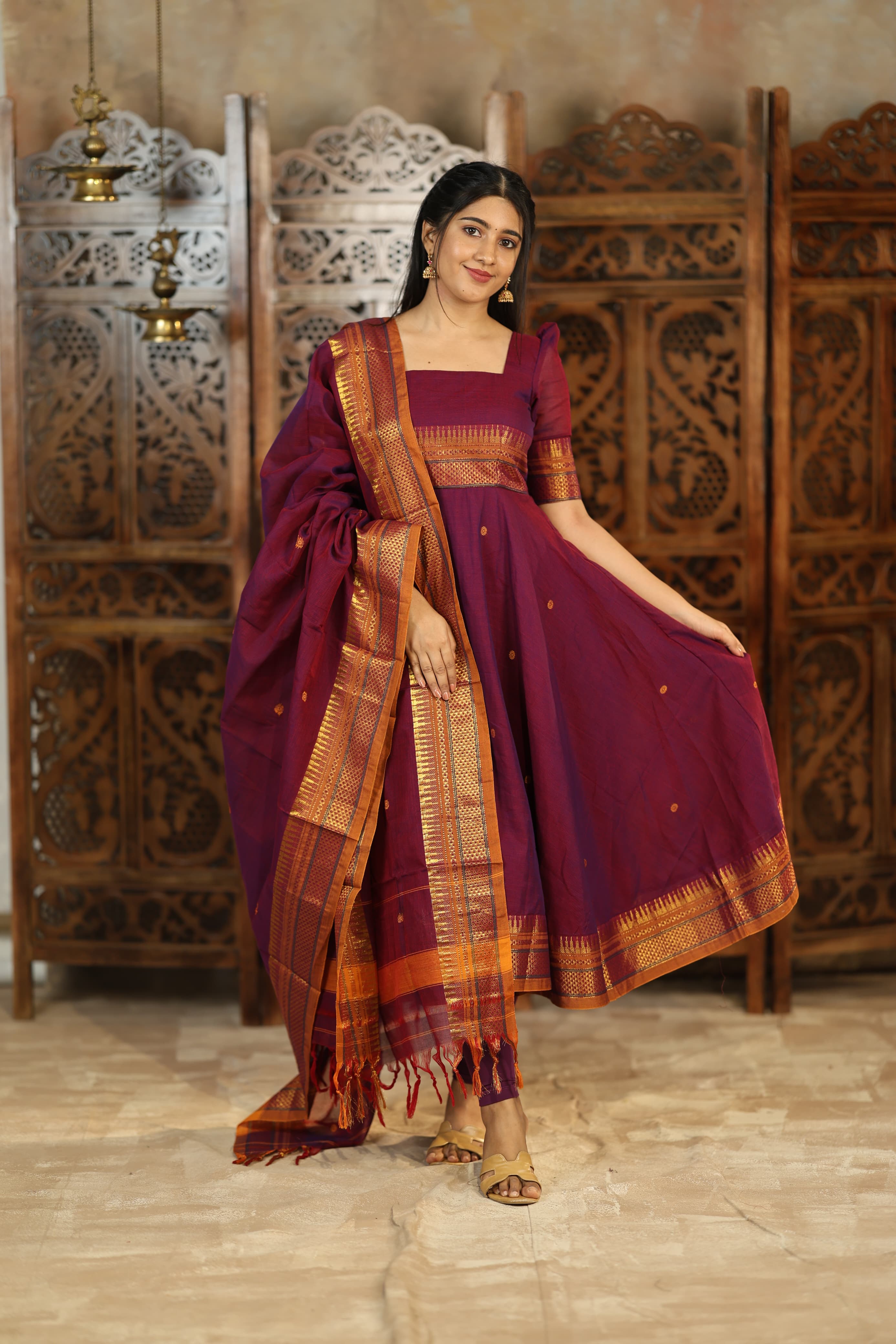 DD765 Yamuna Pure Cotton Anarkali Dress - Elegant Indian Ethnic Wear for Women | Perfect for Festivals, Weddings & Special Occasions