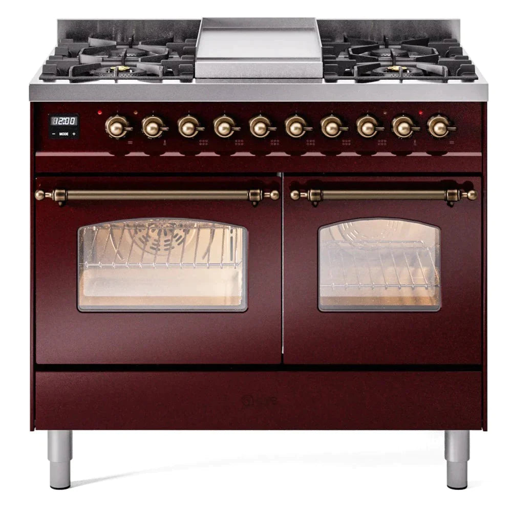 ILVE 40 Nostalgie II Series Freestanding Double Oven Dual Fuel Range - 6 Sealed Burners & Griddle - Professional Gas & Electric Range for Home Kitchen - Perfect for Baking, Roasting & Family Cooking (Model UPD40FNMP)