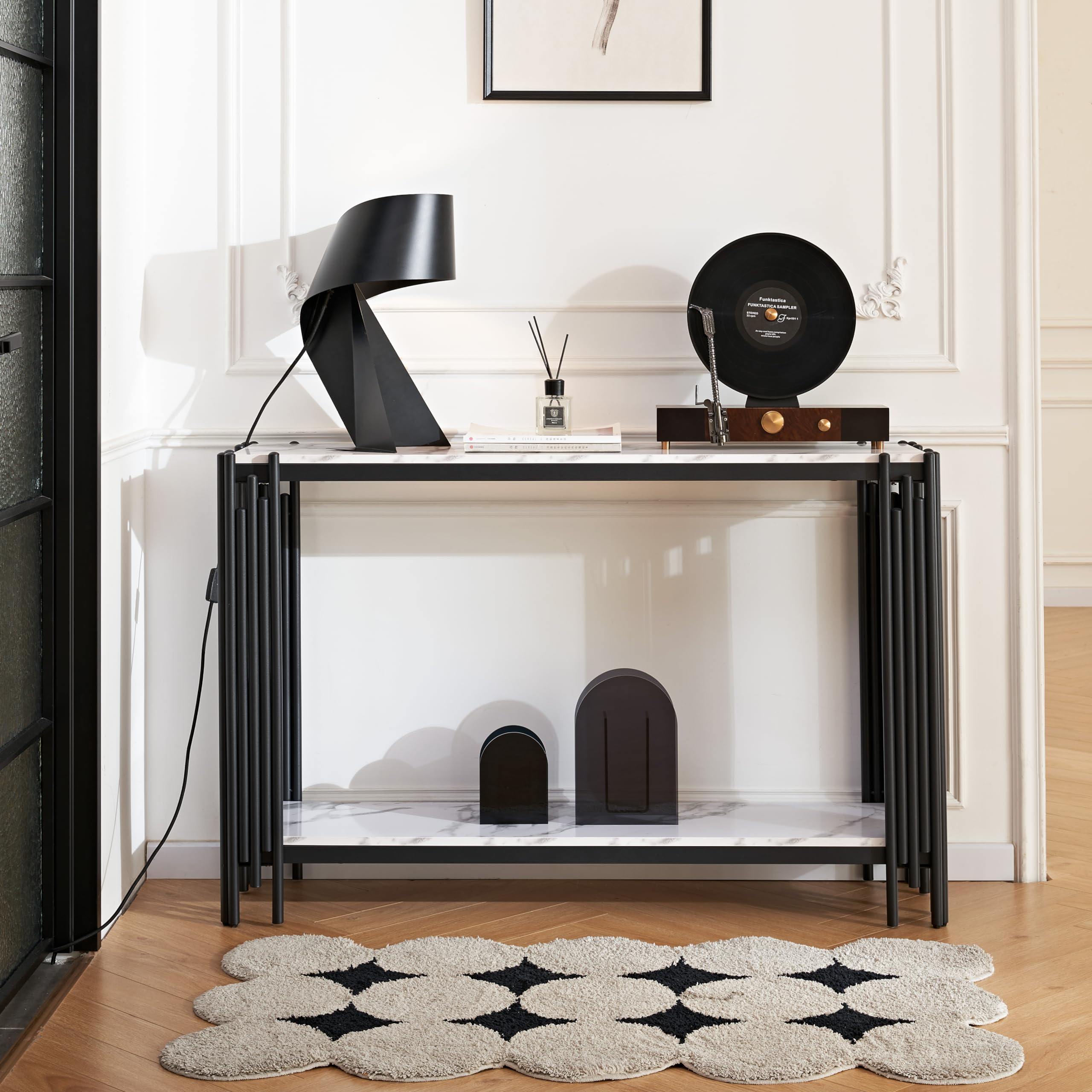 Elegant White Faux Marble Coffee Table Set with Black Metal Frame - 2 Piece Living Room Furniture (1 Rectangle Coffee Table & 1 Console Table) for Modern Home Decor, Living Room, Lounge & Office Spaces