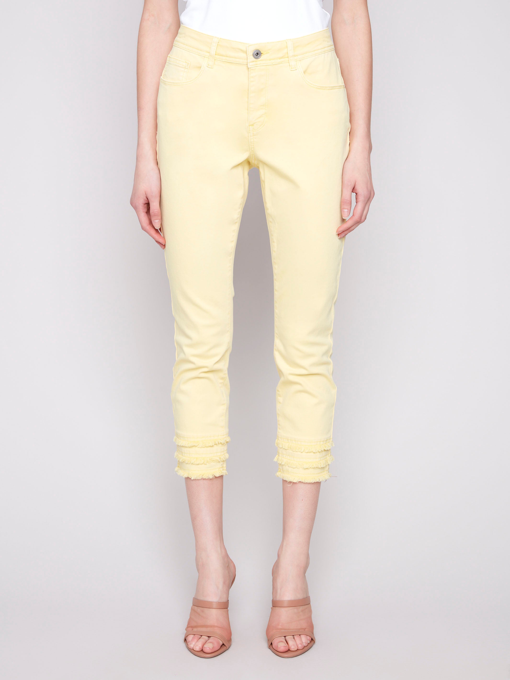 Distressed Hem Cropped Twill Pants for Women - Trendy High-Waisted Lemonade Yellow Casual Pants | Perfect for Summer Outfits, Streetwear & Boho Fashion