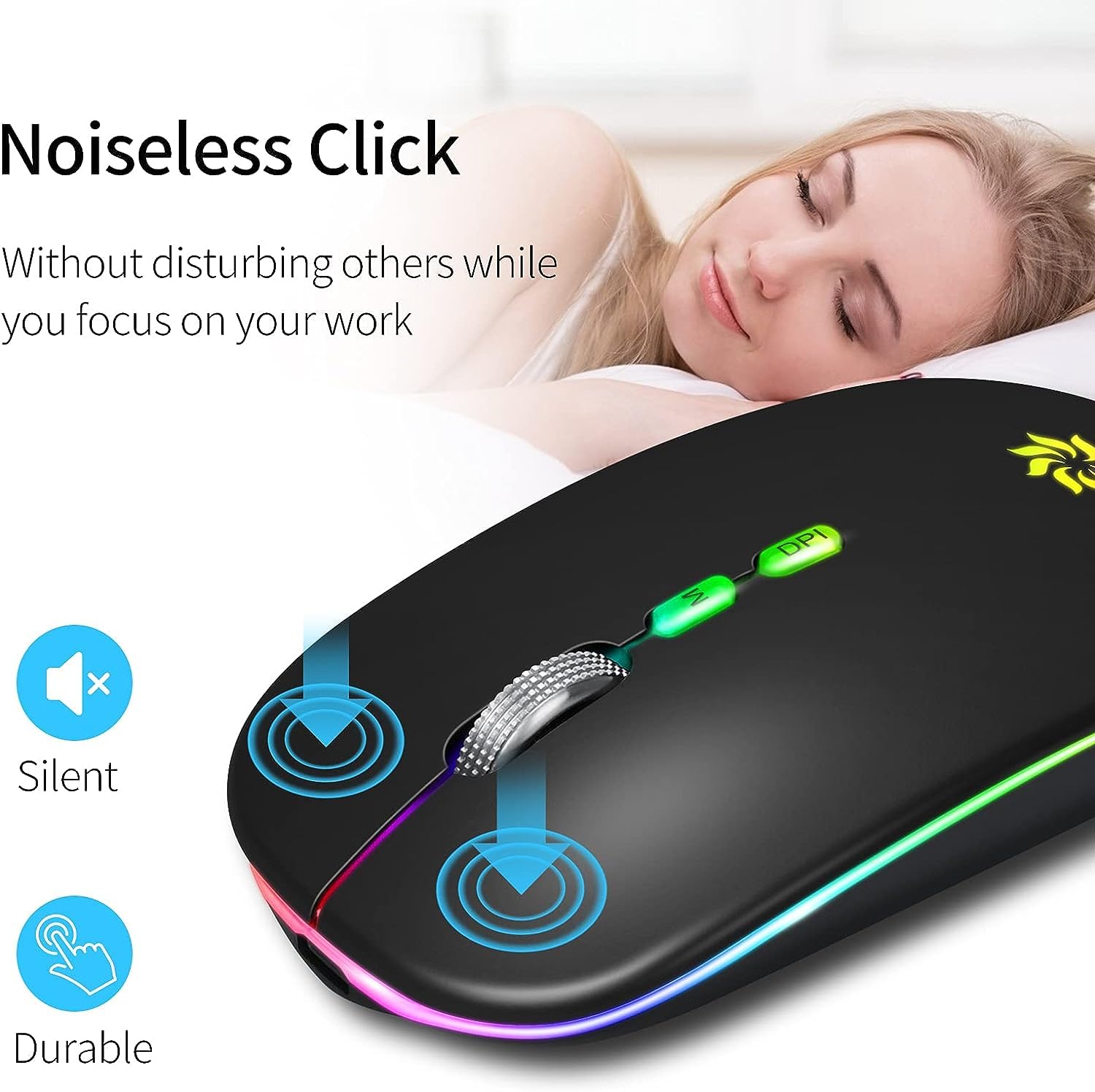 KBCASE Slim Silent Wireless Mouse - 2.4G Rechargeable LED Mouse for Laptop, MacBook, iPad, Chromebook - Includes USB & Type-C Receiver for Home, Office, and Travel Use