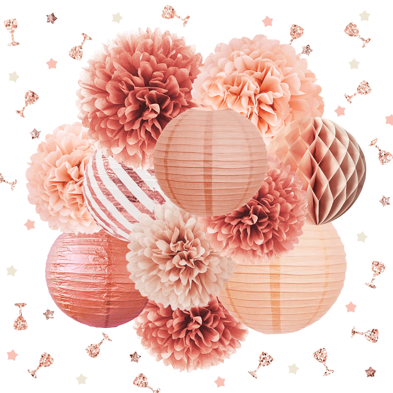 Elegant 12PCS Rose Gold Party Decorations Set - Tissue Pom Poms, Paper Lanterns & Glitter Confetti (30G) for Valentine's Day, Wedding, Bridal Shower, Birthday & Bachelorette Party | Perfect for Home Decor, Photo Backdrops & Event Centerpieces