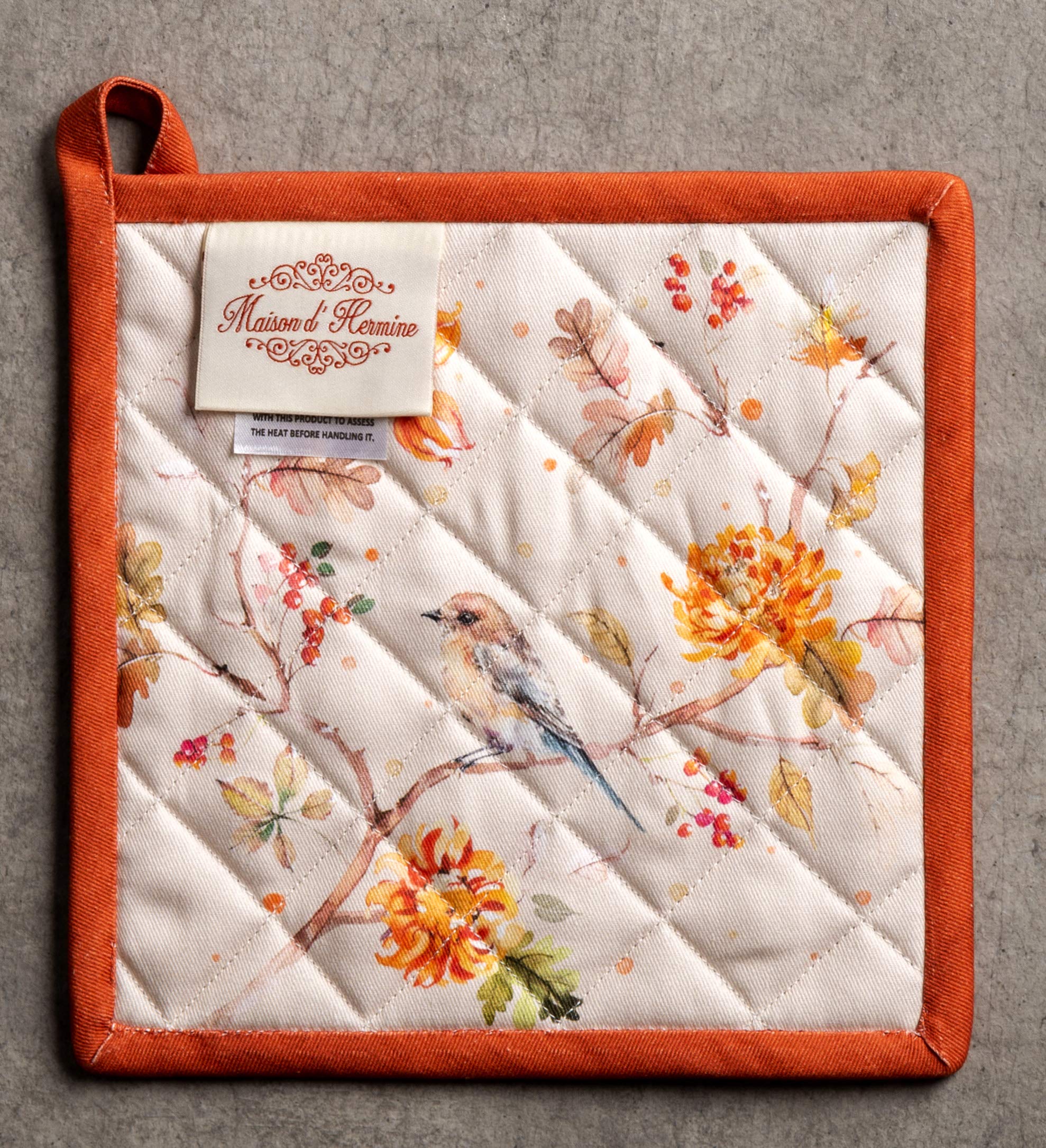 Hermine 100% Cotton Heat Resistant Pot Holder Set of 2 - 8x8 Inch Kitchen Hot Pads with Loop for Microwave, BBQ & Hot Pans (Kelim Prairie Design) - Perfect for Thanksgiving & Christmas Cooking, Baking and Holiday Entertaining
