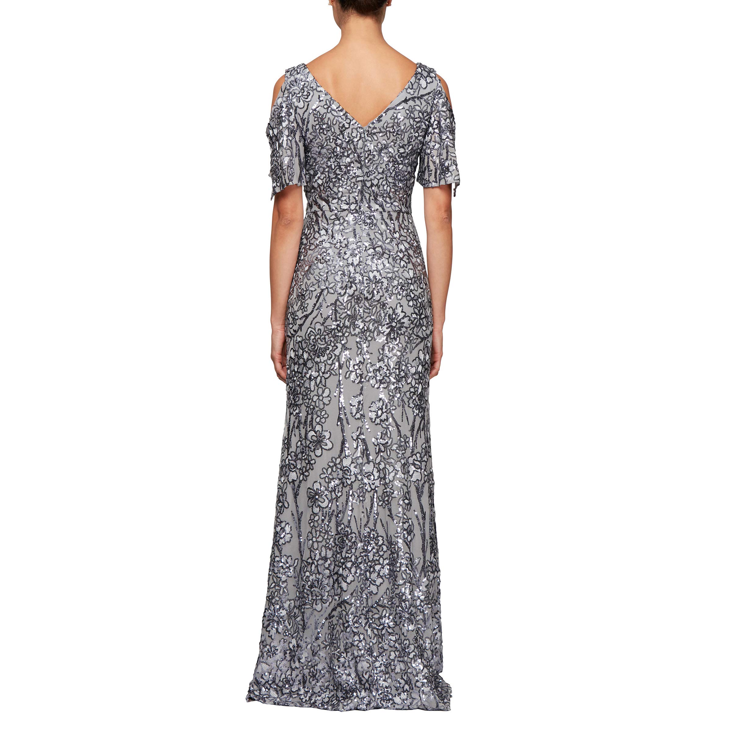Alex Evenings Women's Long Sequin Mother of The Bride Dress with Cold Shoulder & Flutter Sleeves - Petite & Regular Sizes - Perfect for Weddings, Galas & Formal Events
