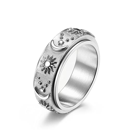 Stainless Steel Anxiety Relief Spinner Rings for Women & Men - Sun Moon Stars Design, Stress Relieving Fidget Rings Set (Size 6-12) - Perfect for ADHD, Anxiety Relief & Focus Enhancement at Work/School