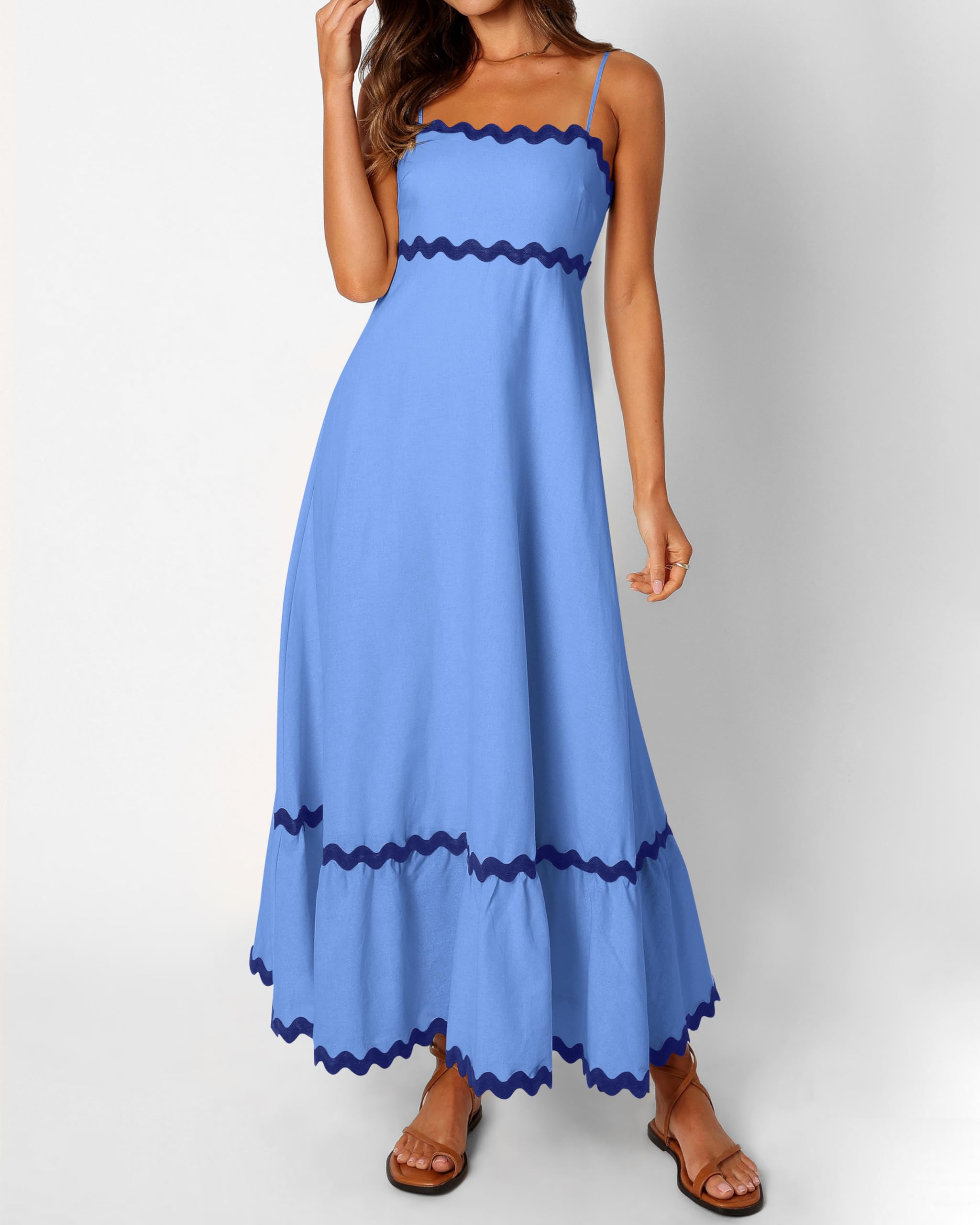 Dowerme Women's Summer Dresses 2025 - Spaghetti Strap Sleeveless Boho Flowy Midi Dress with Smocked Waist & Rickrack Trim | Perfect for Beach Vacation, Date Night & Casual Outings
