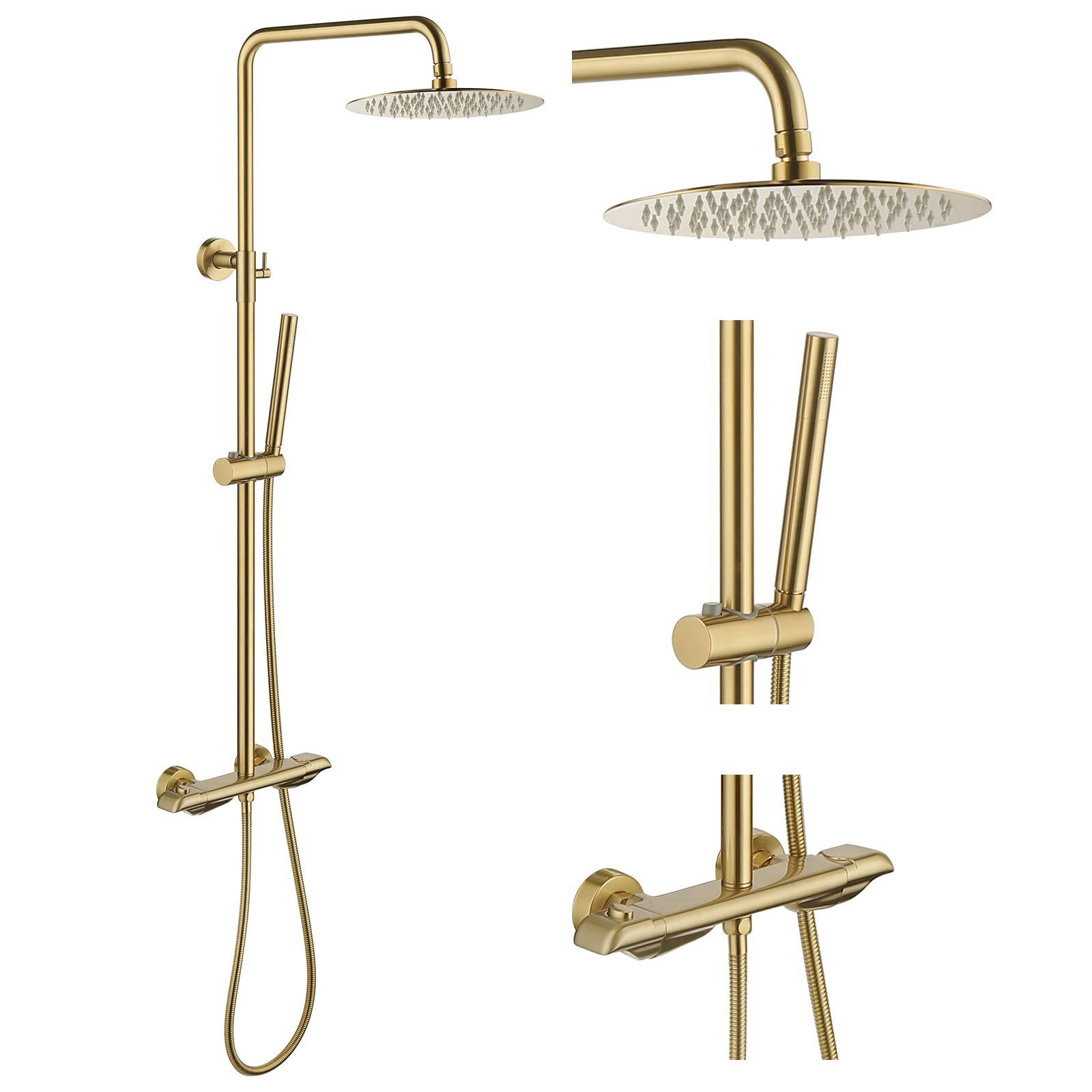RBROHANT Exposed Gold Shower System with Brass Thermostatic Valve - Adjustable 10 Inch Rain Shower Head & Handheld Spray - Dual Function Wall Mounted Bathroom Fixture for Luxury Spa Experience