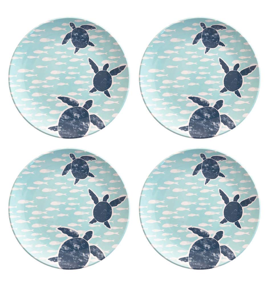 Blue Sea Turtles and Fish Coastal Melamine Salad Plates Set of 4 - Durable Summer Party Dinnerware for Beach Themed Gatherings, Outdoor Picnics & Poolside Dining
