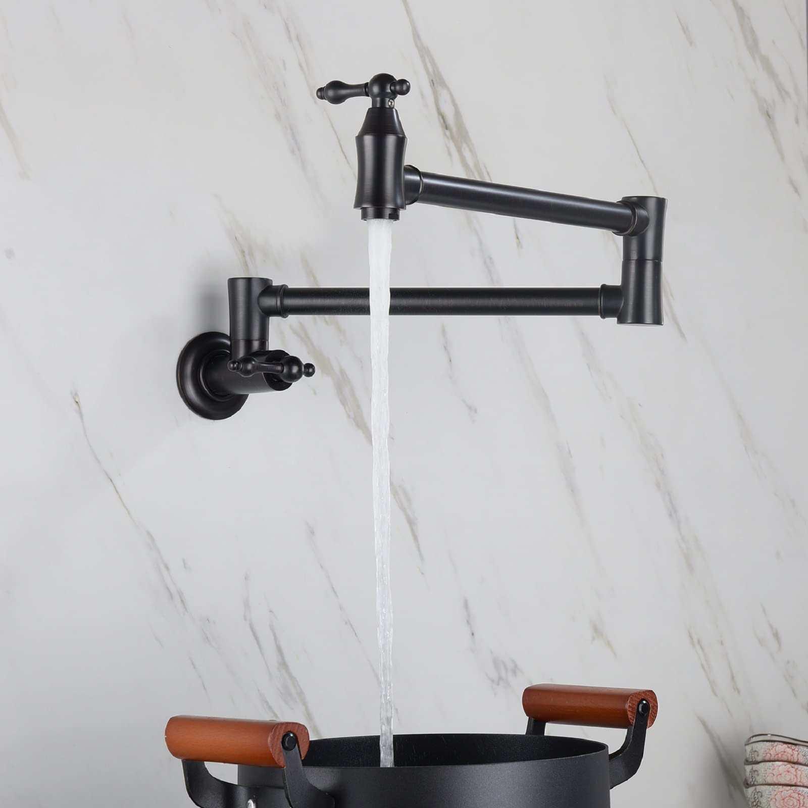 Premium Stainless Steel Pot Filler Faucet - Wall Mount Folding Stretchable Kitchen Sink Faucet with Double Joint Swing Arm, Matte Black NPT for Commercial Restaurant Use - Ideal for Cooking, Filling Large Pots & Busy Kitchens