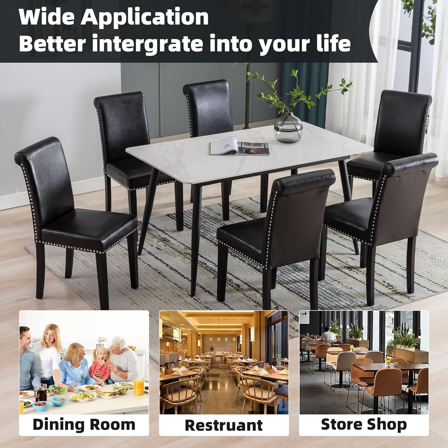 Westice 8-Piece Upholstered PU Leather Dining Chair Set with Nailhead Trim & Rubber Wood Legs - Modern Kitchen & Dining Room Chairs for Small Spaces, Apartment, Restaurant - Black (Perfect for Home Dining, Kitchen Island, Breakfast Nook & Compact Living Spaces)