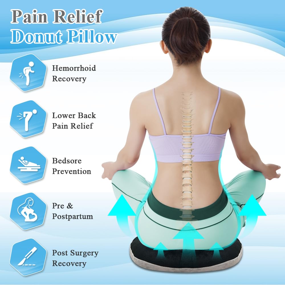 Donut Pillow for Tailbone Pain Relief & Pressure Ulcer Prevention - Postpartum, Hemorrhoid & Post-Surgery Seat Cushion - Comfortable Butt Lifting Doughnut Cushion for Office Chair, Wheelchair & Home Use