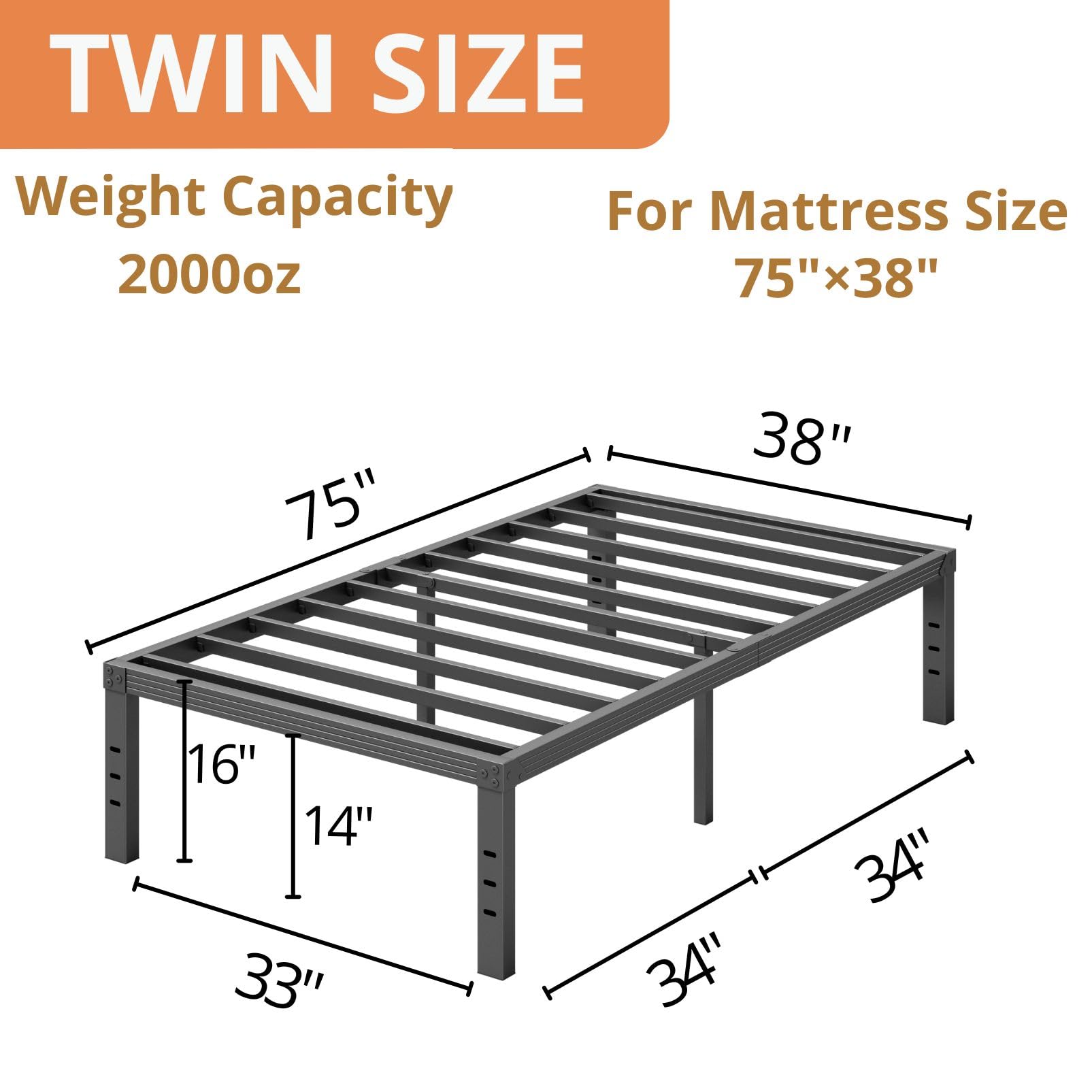 ZIYOO Twin Bed Frame with Heavy Duty Steel Slats - 16 Inch Platform Bed, No Box Spring Needed | Sturdy Non-Slip Design, Easy Assembly & Noise-Free | Under Bed Storage Space, Black | Perfect for Small Bedrooms, Guest Rooms & Dormitories