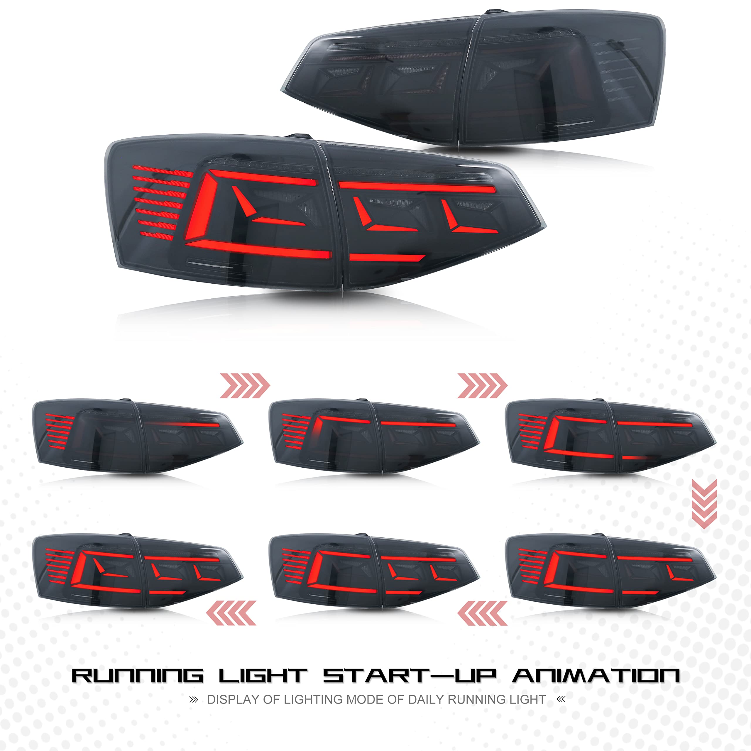 Ingenuity Time LED Tail Lights for Volkswagen Jetta 2015-2018 - Smoked Rear Lamp Assembly with Startup Animation & Sequential Turn Signals - Perfect for Night Driving and Custom Car Upgrades