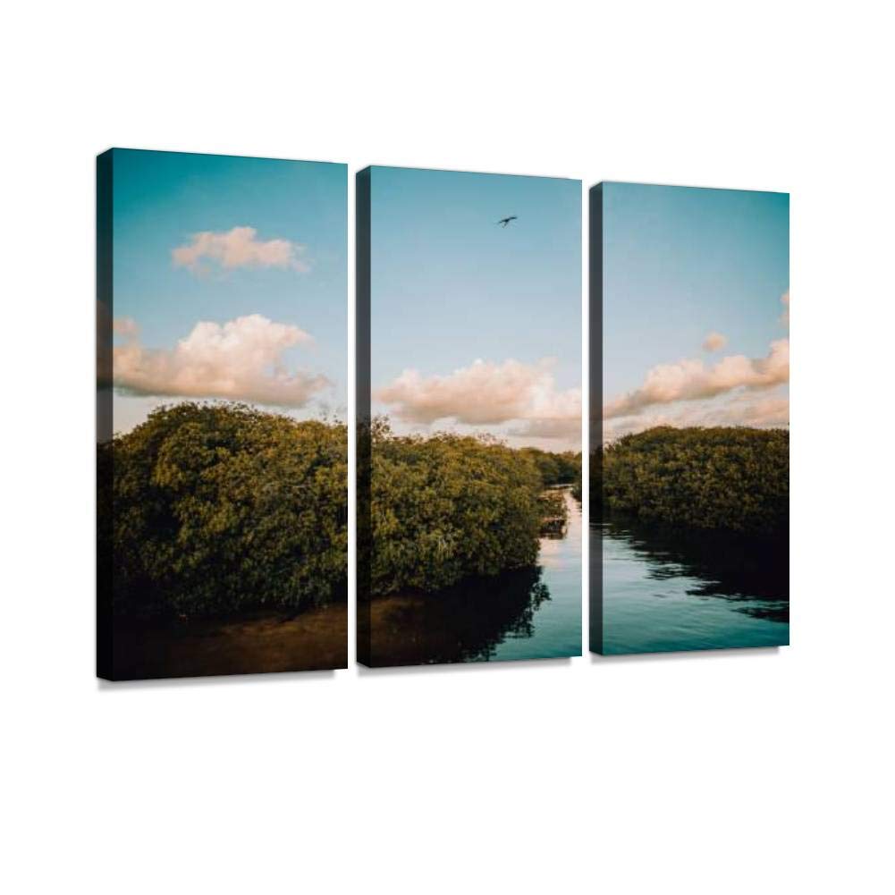 Nature Reserve Sian Ka'an Morning Autumn Forest Stream River Canvas Wall Art - 3 Panel Paintings for Living Room & Bedroom Decor - Scenic Landscape Poster for Home Office Wall Decoration | Perfect for Nature Lovers & Interior Design