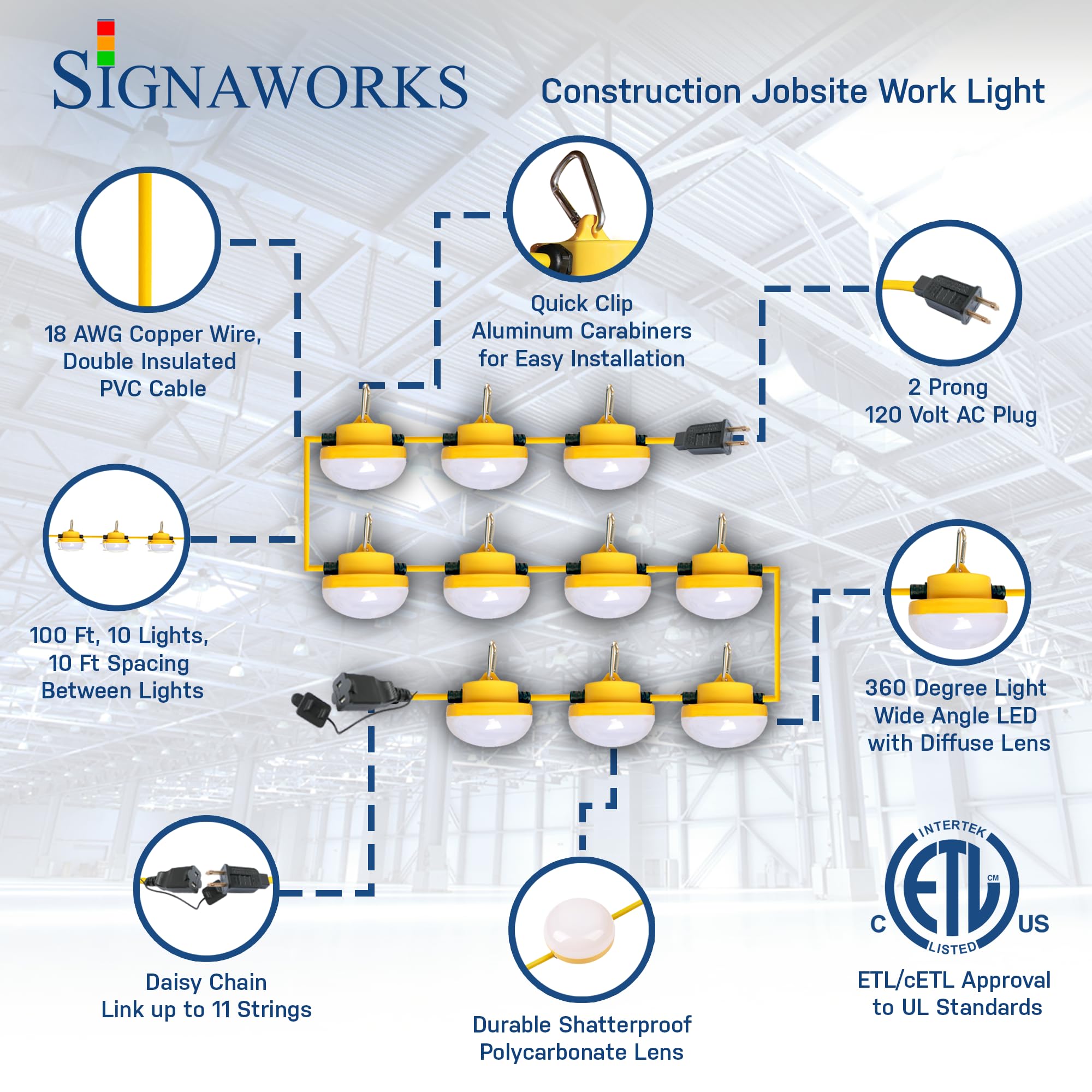 Signaworks 2 Pack 100ft LED Construction String Lights - 100W 10000LM Ultra Bright Temporary Jobsite Work Light with Carabiner Clips, ETL Certified (200ft Total, 20 Lights) - Perfect for Outdoor Construction Sites, Backyard Parties, Camping and Emergency Lighting