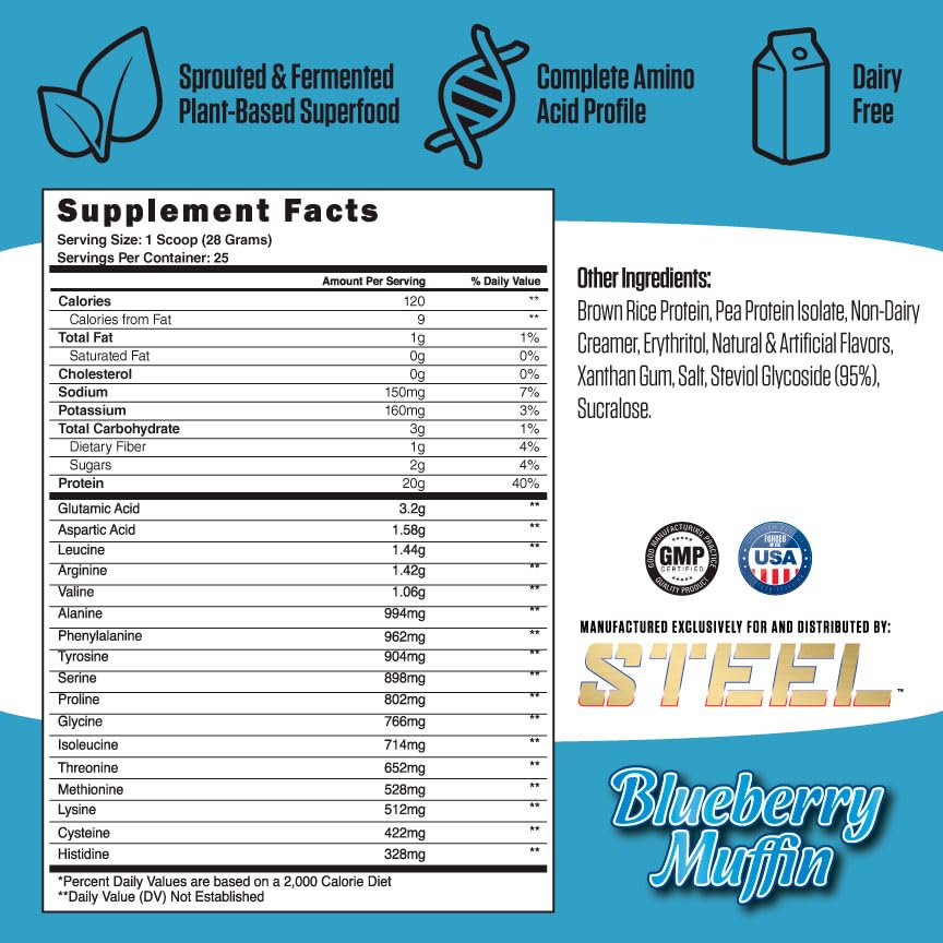 Steel Supplements Veg-PRO Vegan Protein Powder - Blueberry Muffin Flavor | Organic Pea Protein, Gluten Free, Dairy Free, Soy Free, Non GMO with BCAA Amino Acids (25 Servings, 1.65lbs) - Perfect for Post-Workout Recovery & Muscle Building