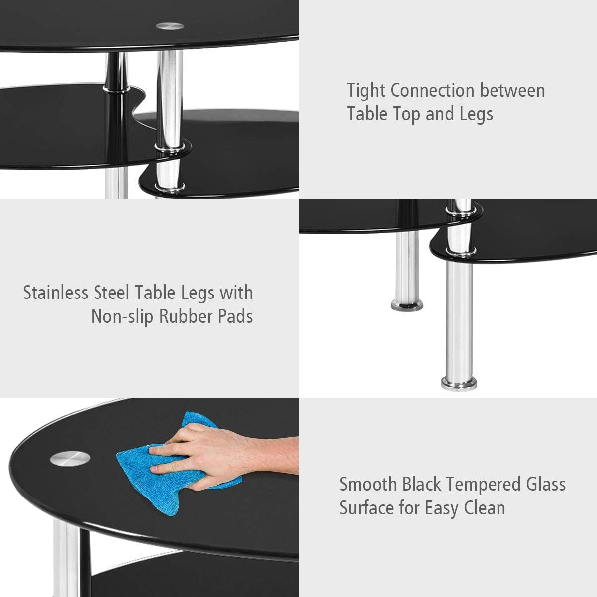 Modern 3-Tier Oval Glass Coffee Table - Moccha Design with Spacious Tempered Glass Top & Sturdy Chrome Legs - Perfect for Living Room, Office, Reception Area - Black End Table for Coffee, Books & Home Decor