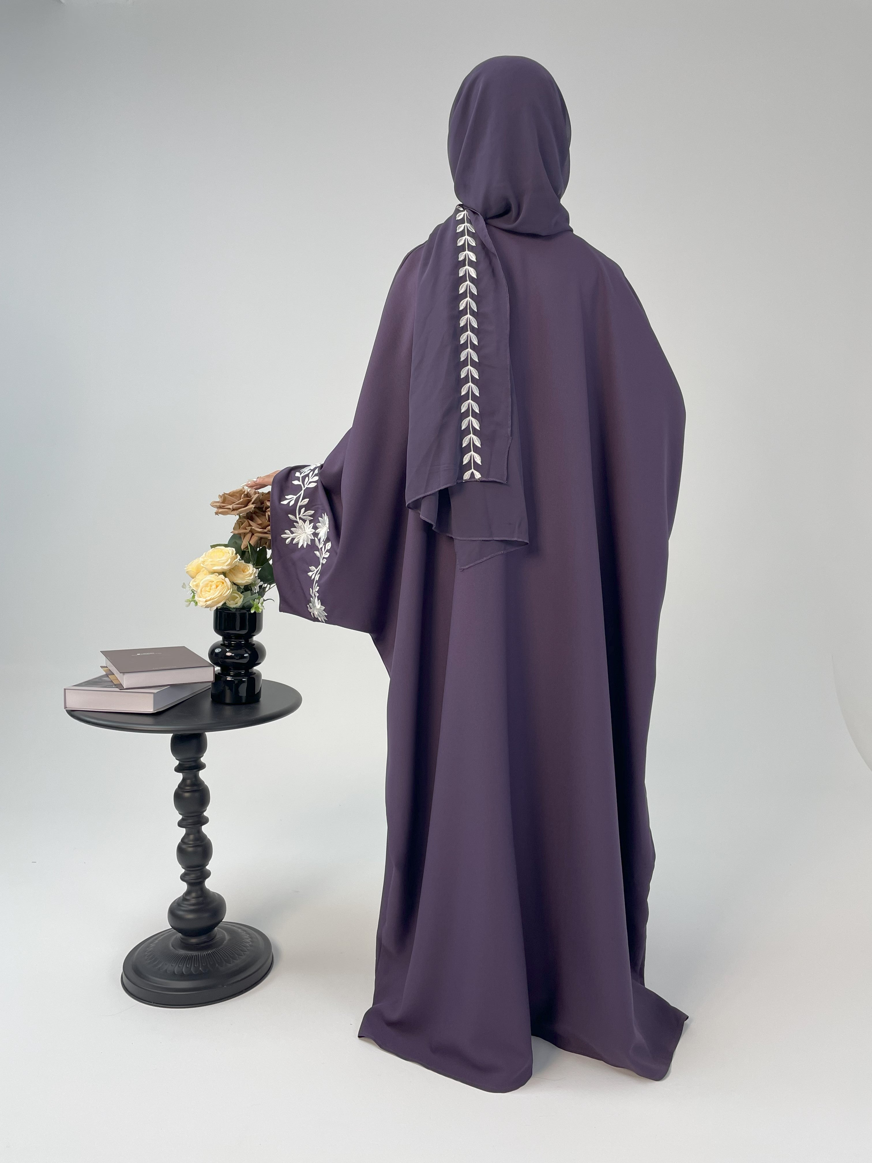 CL48 Botanical Embroidery Batwing Abaya V-Neck Modest Cardigan Dress - Elegant Muslim Women's Fashion for Date Nights, Daily Wear & Special Occasions