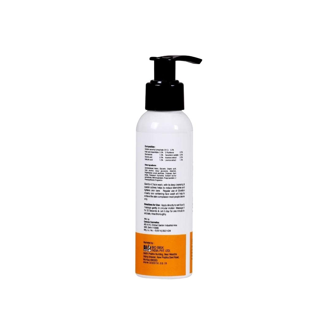 Gloviton-C Vitamin C Face Wash with Kojic Acid, Glycolic Acid & Salicylic Acid - Brightening & Exfoliating Cleanser for Acne, Dark Spots & Uneven Skin Tone - Perfect for Morning & Night Skincare Routine