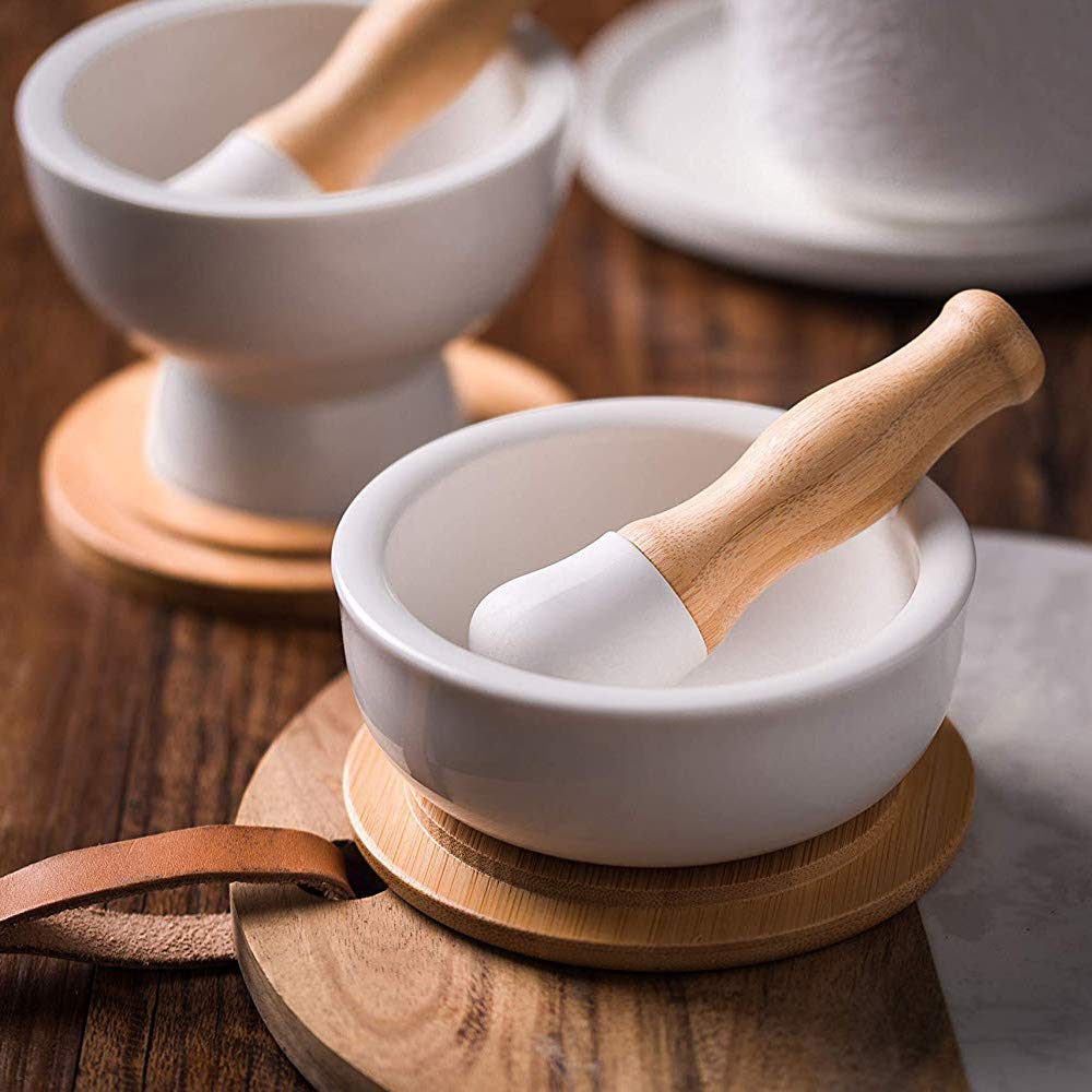 Premium Porcelain Mortar and Pestle Set – Spice Grinder, Herb Crusher, Pill Grinder, Pesto Maker – Non-Slip Base with Lid – Perfect for Kitchen, Pharmacy & DIY Herbal Remedies
