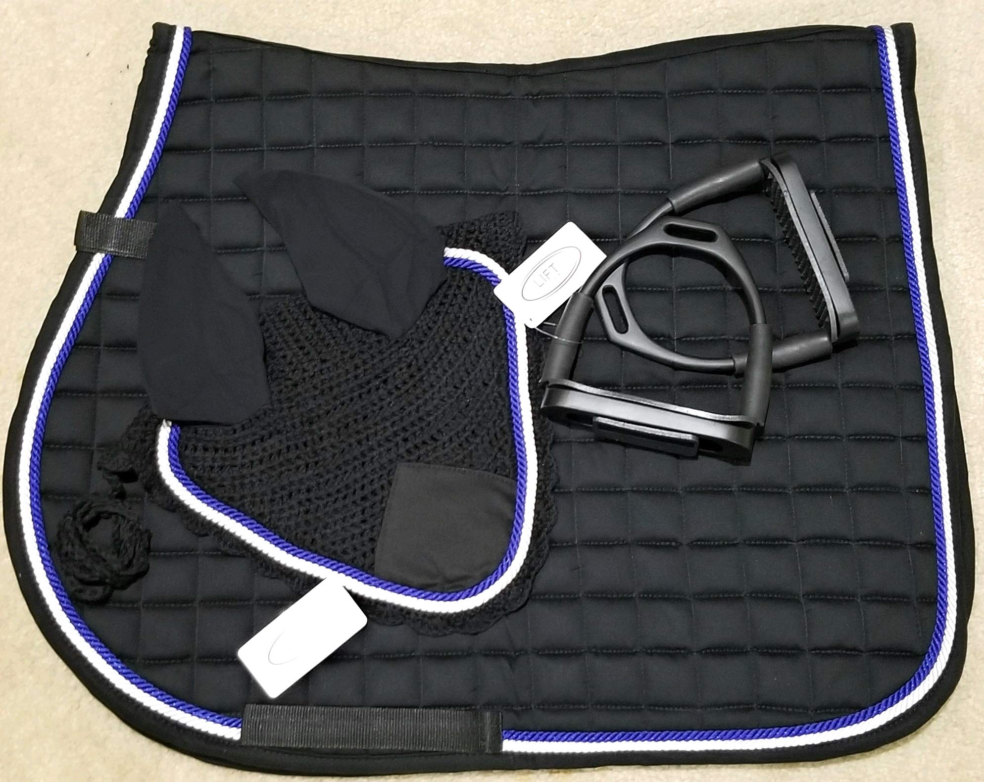 Premium Black Horse English Saddle Pad with Flexible Safety Stirrups - Cotton Handmade with Bendy Iron Fly Bonnet & Double Piping (Full/Horse Size) - Ideal for Dressage, Jumping & Equestrian Training