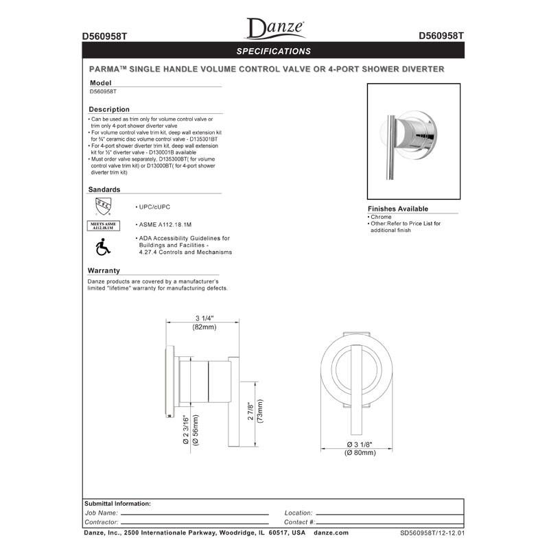 Danze Parma Chrome Single Handle 4-Port Shower Diverter Valve with Volume Control - Includes Rough-In Valve for Bathroom Remodeling and Multi-Function Shower System Installation