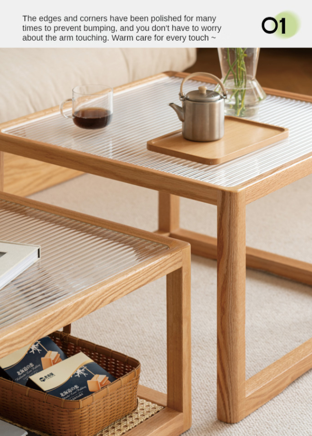 Solid Oak Wood Coffee Table with Glass Top and Rattan Shelf - Perfect for Living Room, Patio, or Outdoor Furniture Decor