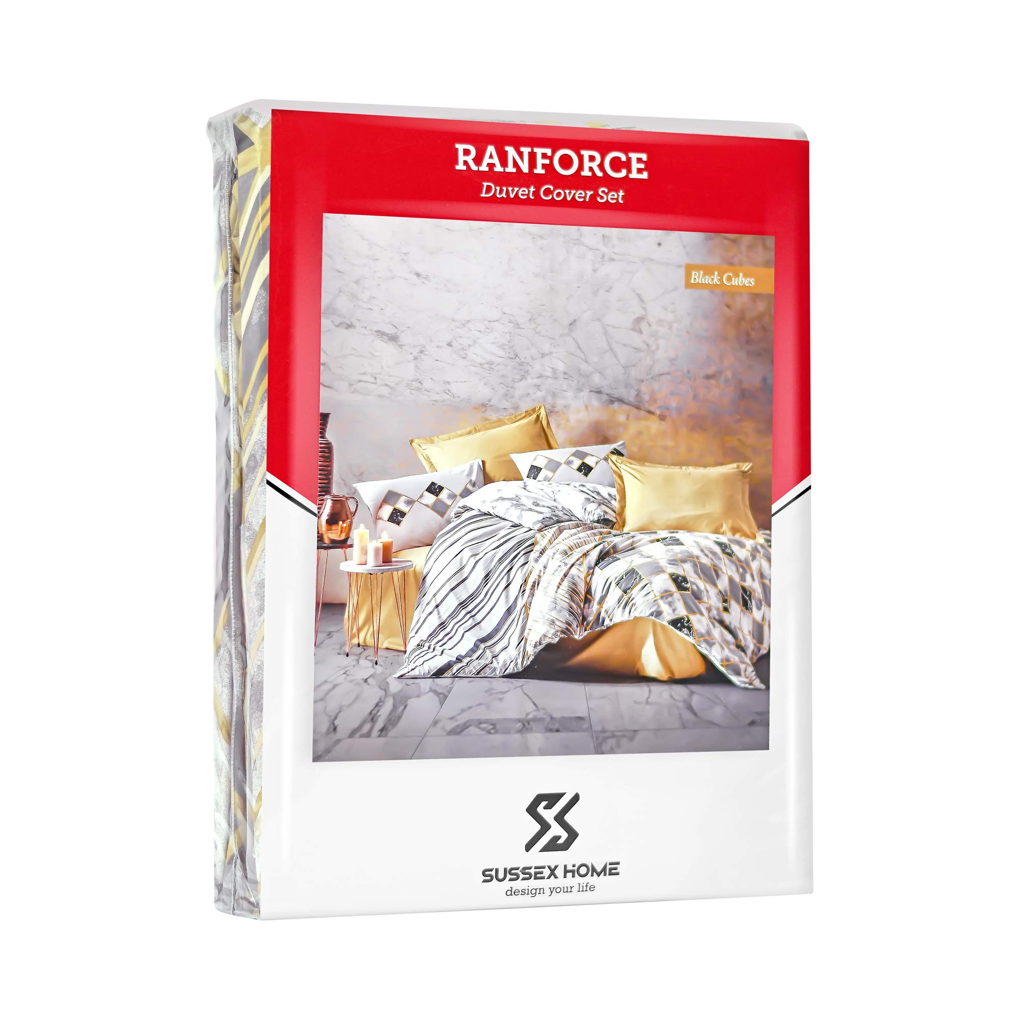 SUSSEXHOME Black Cubes Duvet Cover Set - Queen Size Beige Bedding Set with 1 Duvet Cover, 1 Fitted Sheet & 2 Pillowcases | Hypoallergenic, Breathable, Machine Washable & Iron Safe | Perfect for Modern Bedrooms, Guest Rooms & Cozy Home Decor
