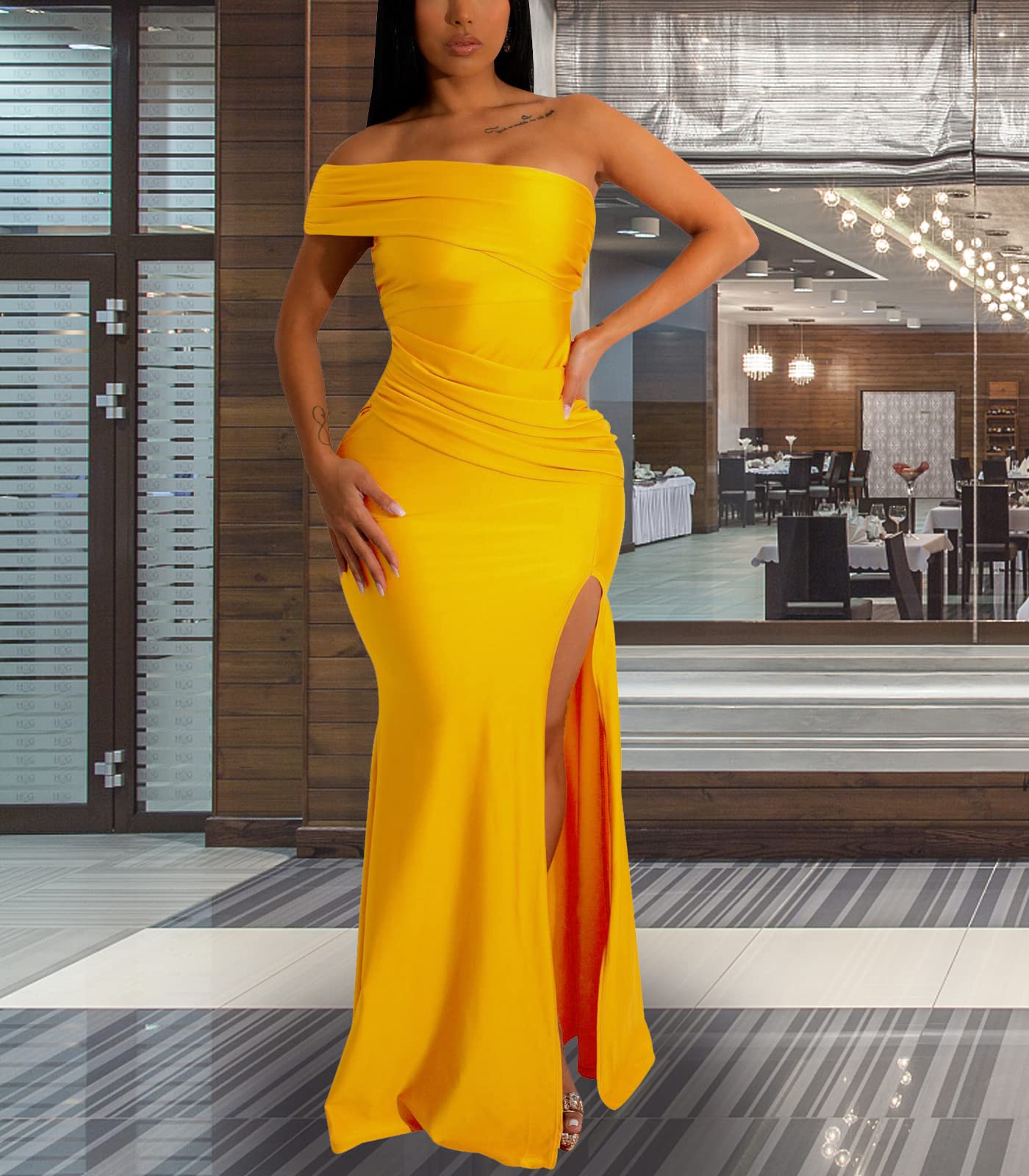 Elegant Women's Formal Long Sleeve Evening Dress - One Shoulder Sexy Cocktail Gown with High Split for Party, Prom, Wedding & Special Occasions
