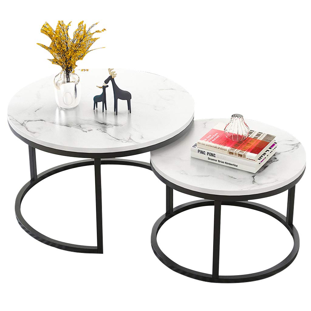 Modern Stackable Round Coffee Table Set of 2 - Marble Print & Steel Frame Nesting Side Tables for Living Room, Sofa End Tables - Easy to Clean & Space Saving - Perfect for Small Spaces, Apartments & Cozy Home Decor