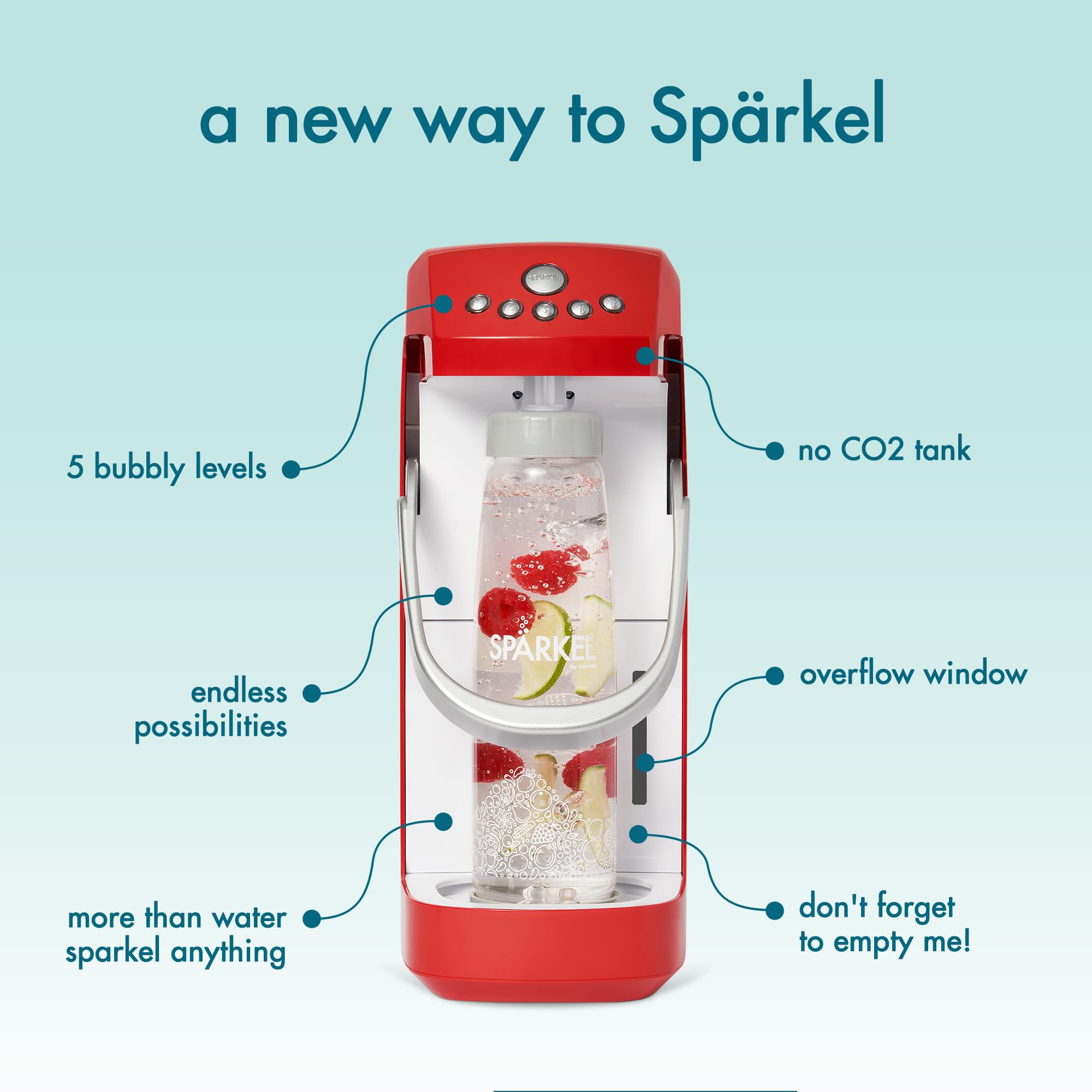 Spärkel Sparkling Water Maker Machine - Cherry Red Soda Stream Alternative with 5 Carbonation Levels | No CO2 Tank Needed | Uses Fresh Natural Ingredients | Perfect for Home, Office & Party Beverage Stations