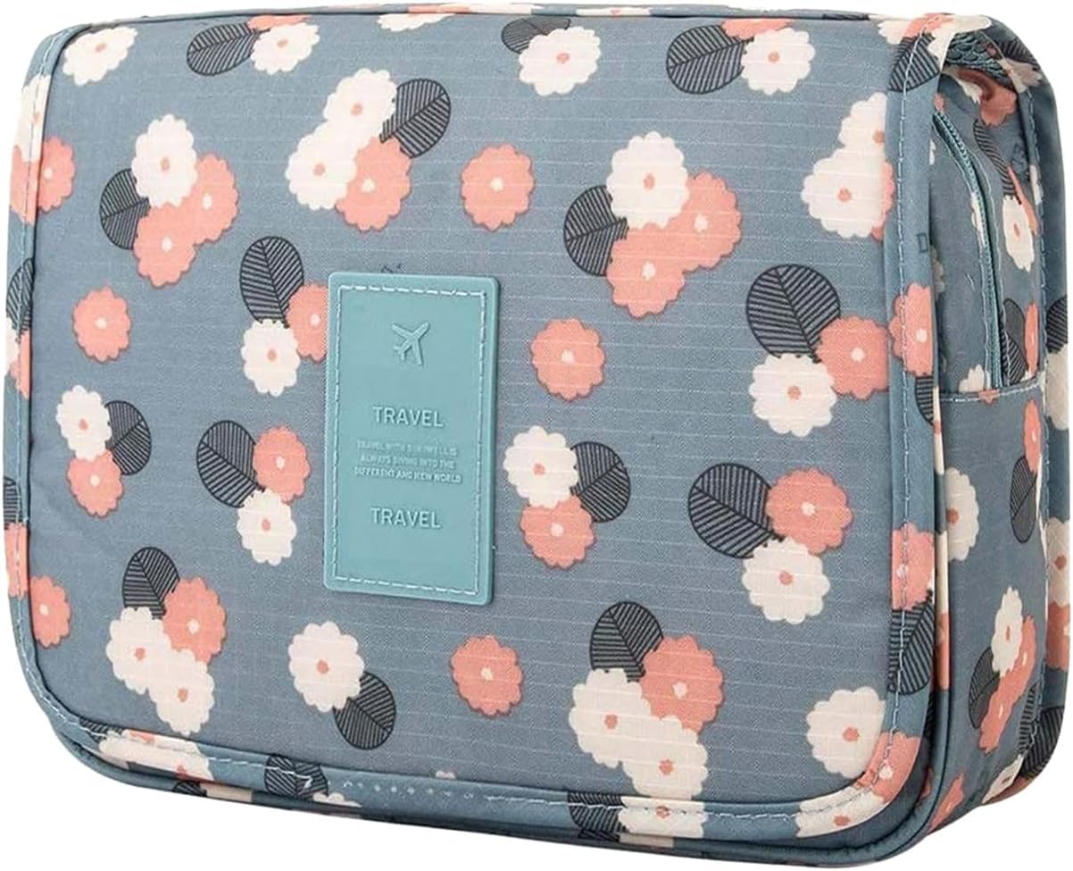 Trawila Travel Hanging Toiletry Bag for Men & Women - Waterproof Cosmetic Organizer with Sturdy Hook, Perfect for Bathroom & Makeup Storage (Blue Floral Design) | Ideal for Camping, Gym & Business Trips