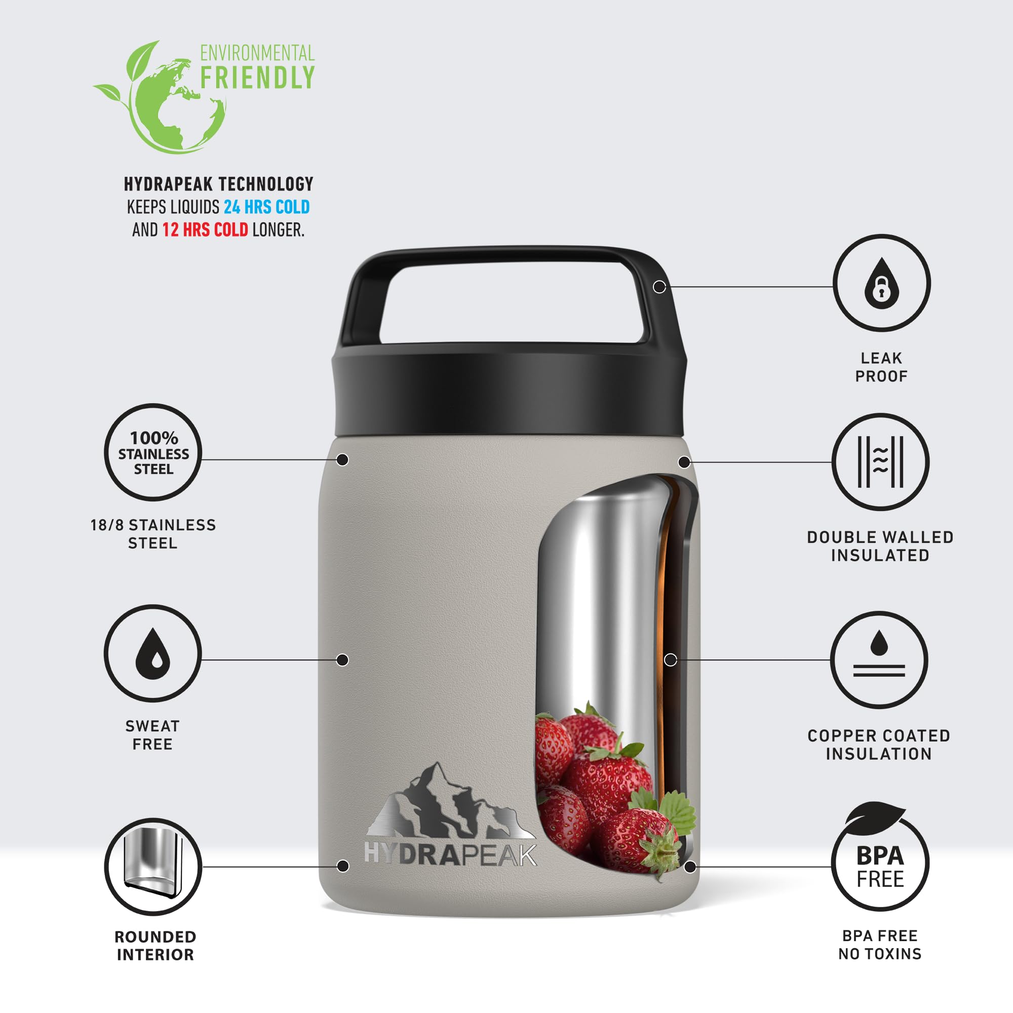 Hydrapeak 18 oz Insulated Stainless Steel Food Thermos - Hot & Cold Soup Container, Vacuum Sealed Jar for Office, Camping, Hiking & Outdoor Activities (Stone Grey)