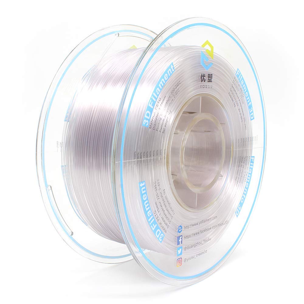 **YOUSU PETG 3D Printer Filament 1.75mm Transparent - 1kg Spool | High Strength & Superior Layer Adhesion | Compatible with Most FDM 3D Printers | Ideal for Functional Prints, Prototypes & DIY Projects**