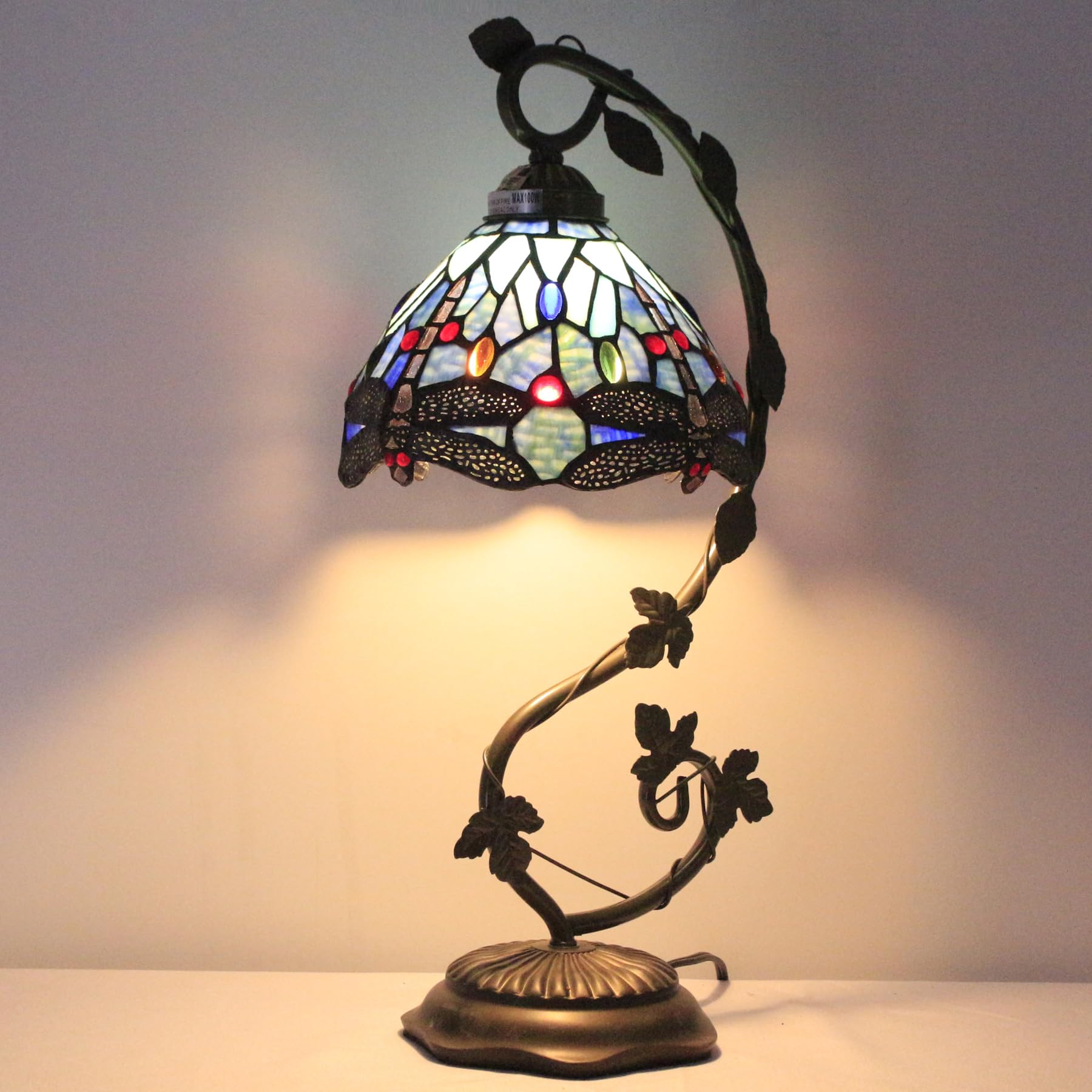 WERFACTORY Tiffany Style Dragonfly Table Lamp - Blue Stained Glass Shade with Metal Leaf Base, 8x10x21 Inch Desk Lamp for Bedroom, Home Office & Small Spaces (S004 Series) | Perfect Reading Light & Decorative Accent